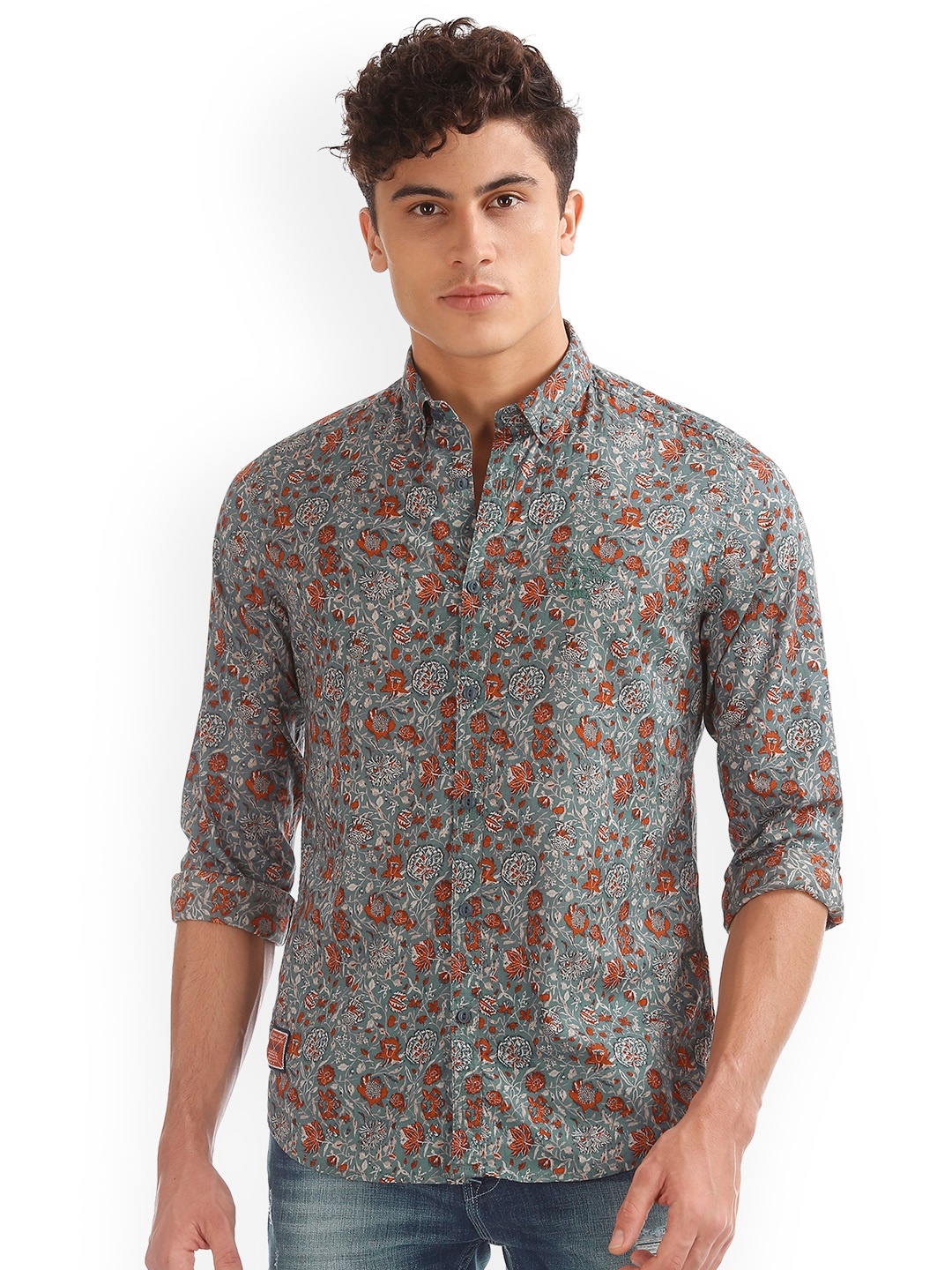 

Ed Hardy Men Grey & Coral Slim Fit Printed Casual Shirt