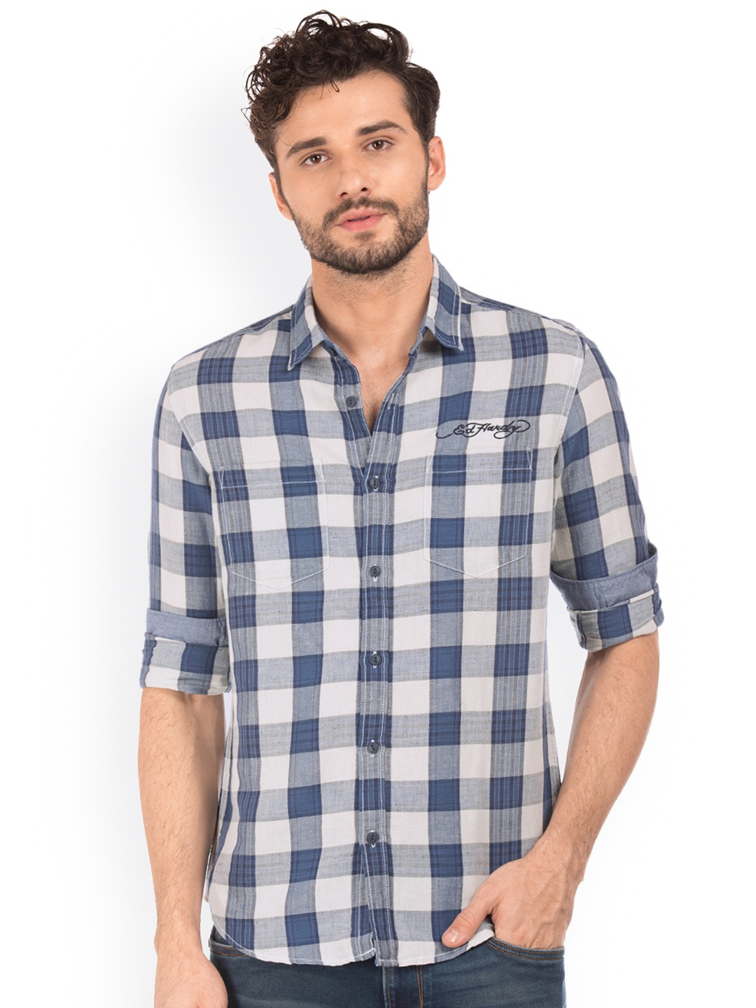

Ed Hardy Men Navy Blue & White Slim Fit Checked Casual Shirt