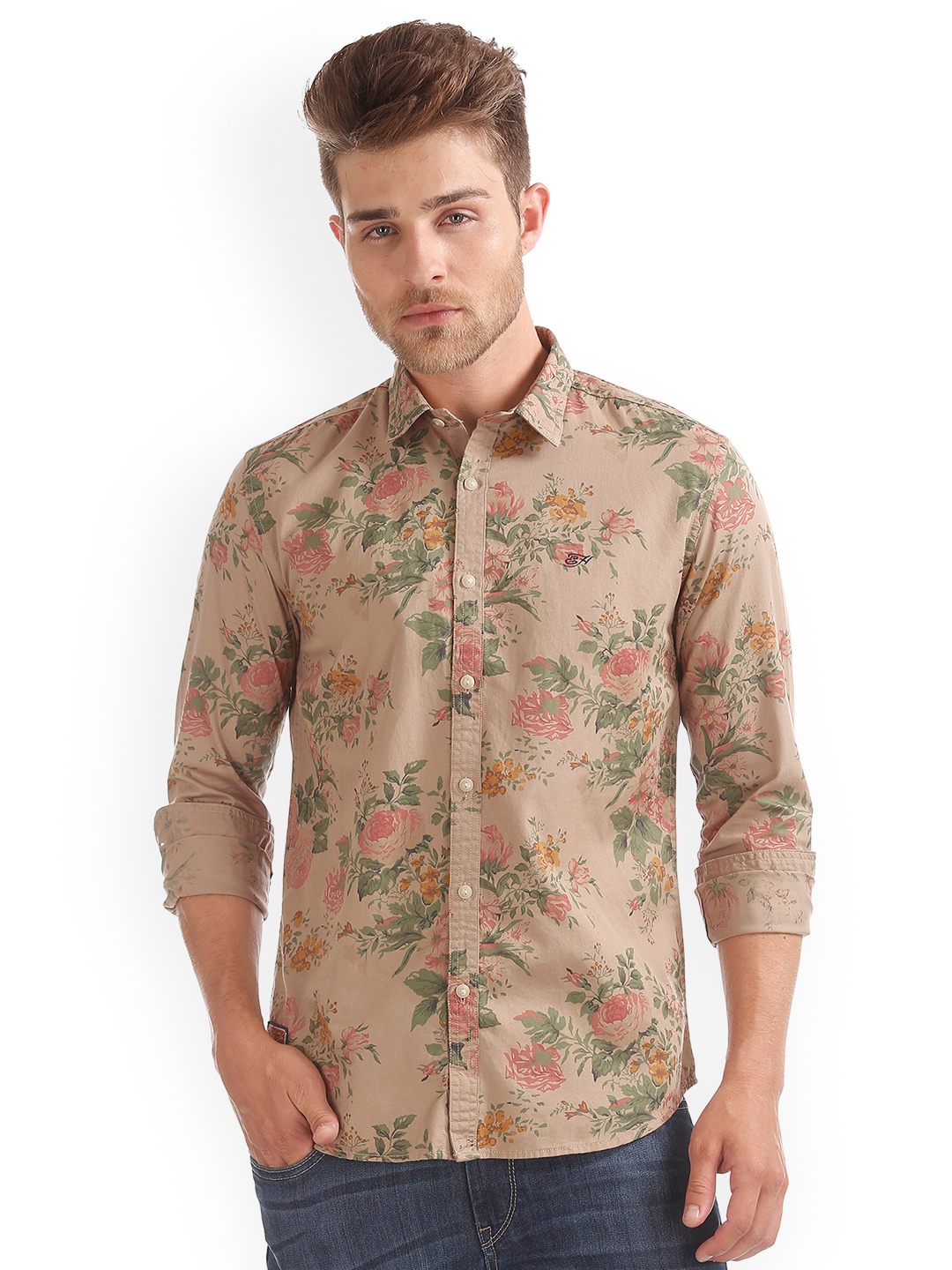 

Ed Hardy Men Beige Slim Fit Printed Casual Shirt