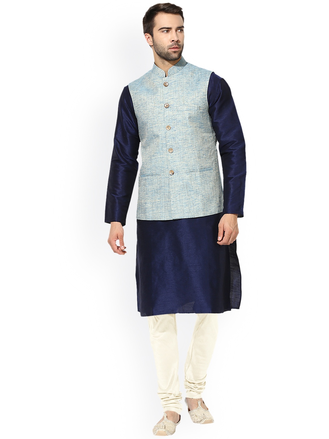 

KISAH Men Navy Blue & Off-White Solid Kurta with Churidar and Waistcoat