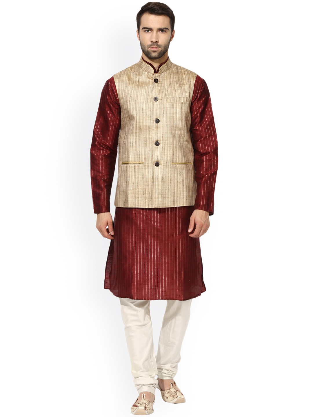 

KISAH Men Maroon & Brown Self Design Kurta with Churidar and Waistcoat