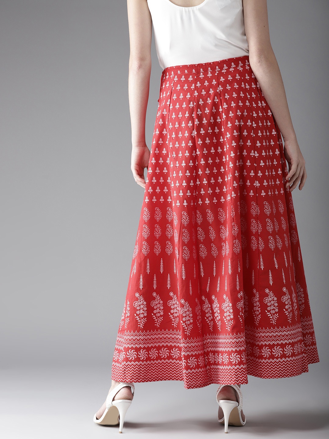 

Moda Rapido Red & White Printed Maxi Flared Pure Cotton Skirt