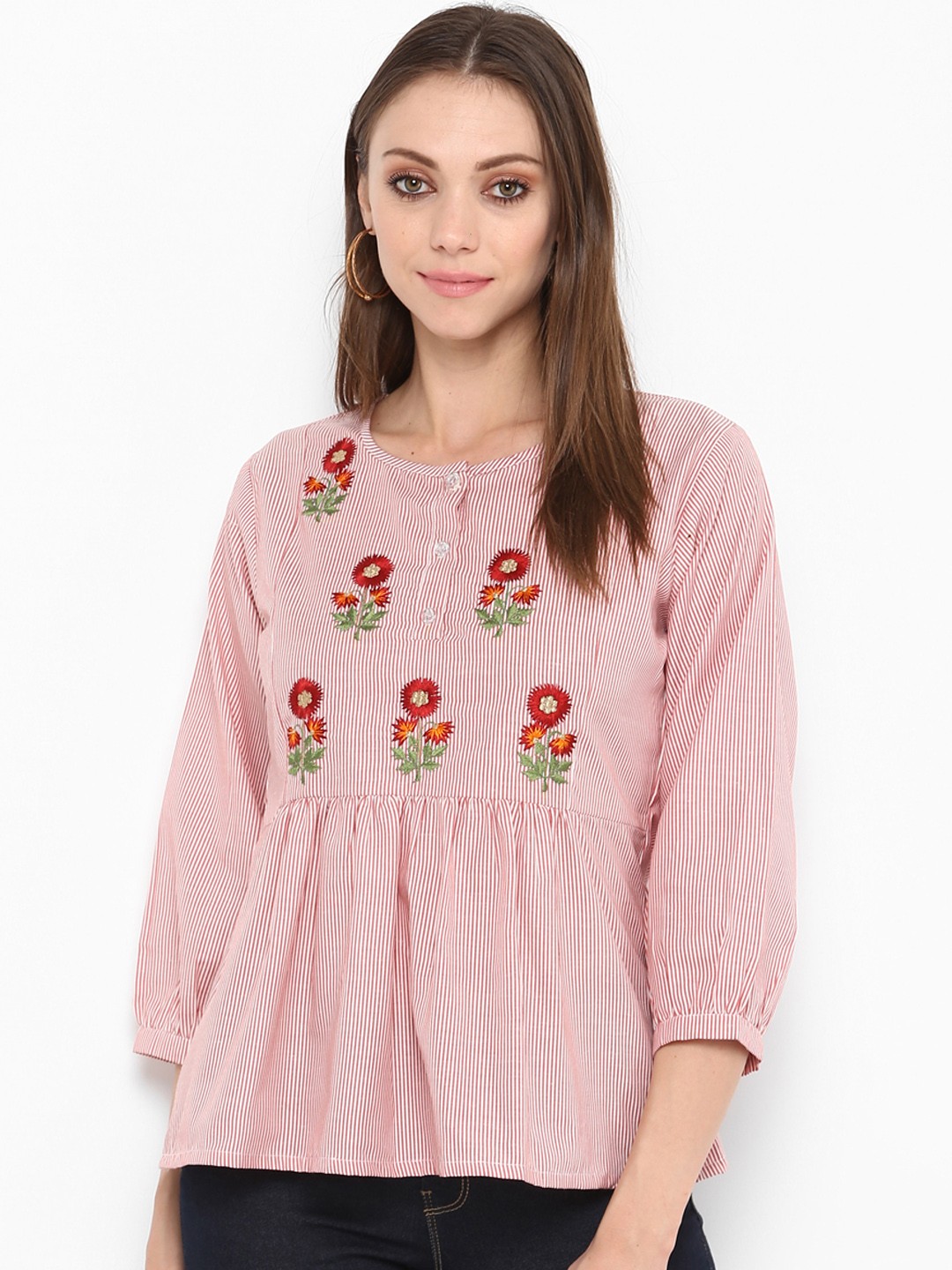 

Bhama Couture Women Pink Self Design Peplum Pure Cotton Top