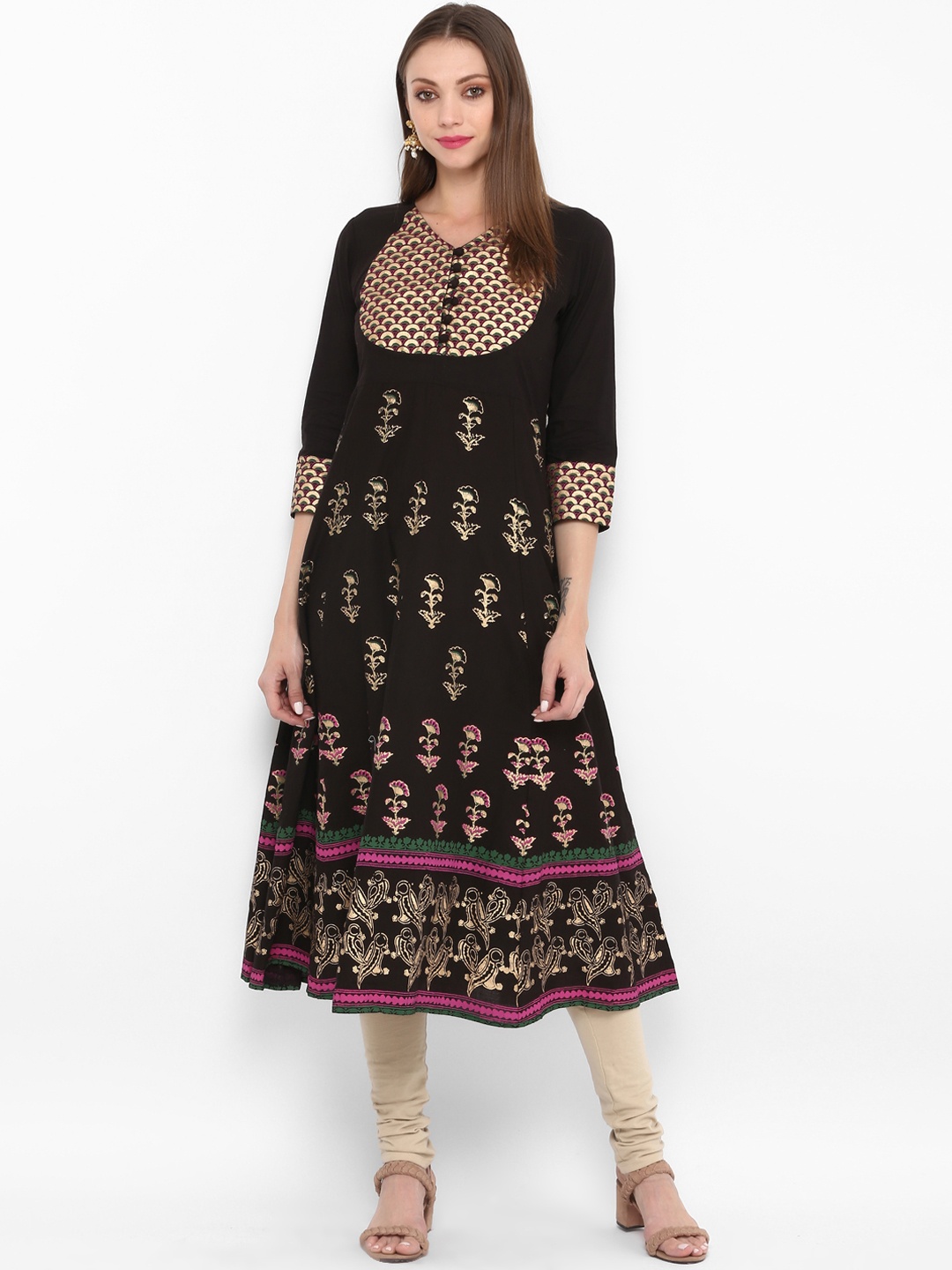 

Bhama Couture Women Black Yoke Design Mangalgiri Cotton Handloom A-Line Kurta