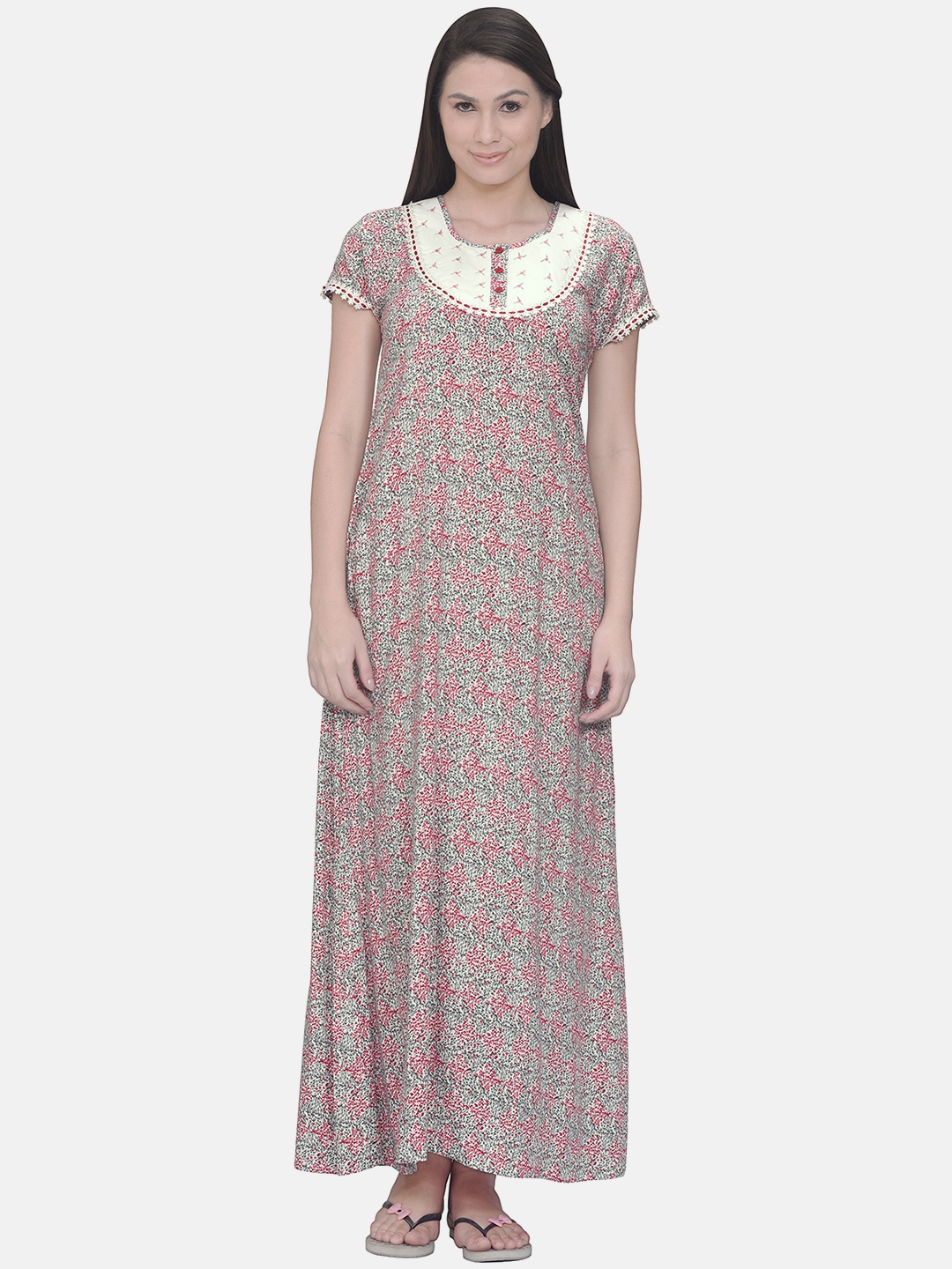 

Sweet Dreams Off-White & Grey Printed Nightdress With Embroidered Detailing