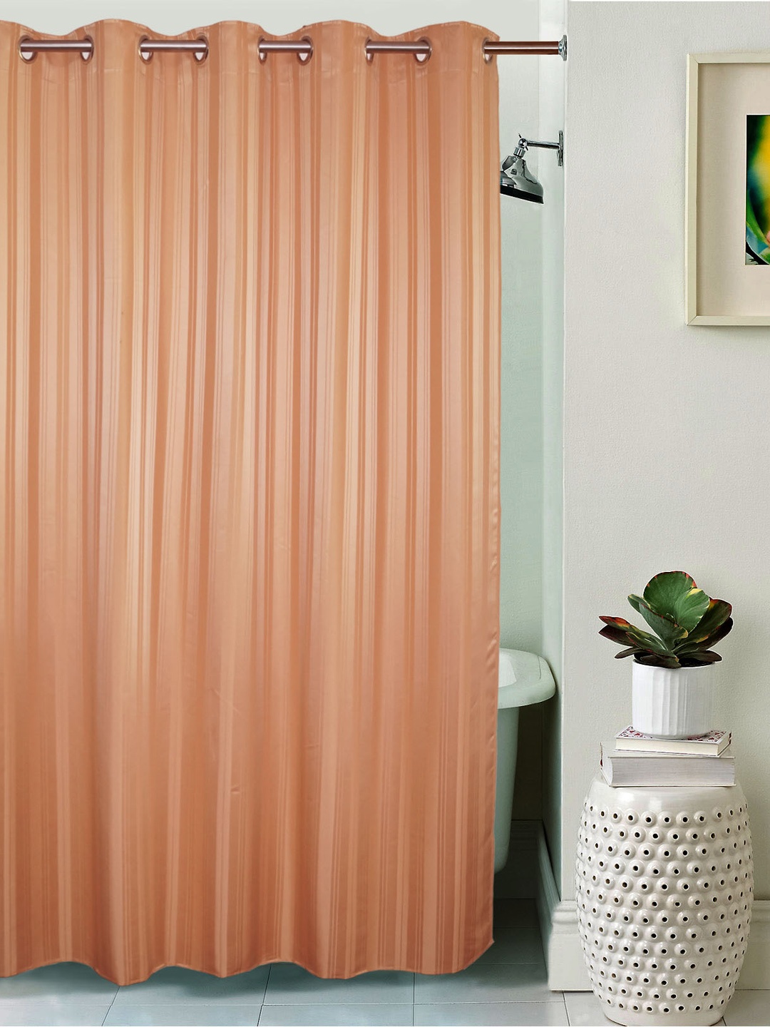 

Lushomes Striped Peach Polyester Shower Curtain