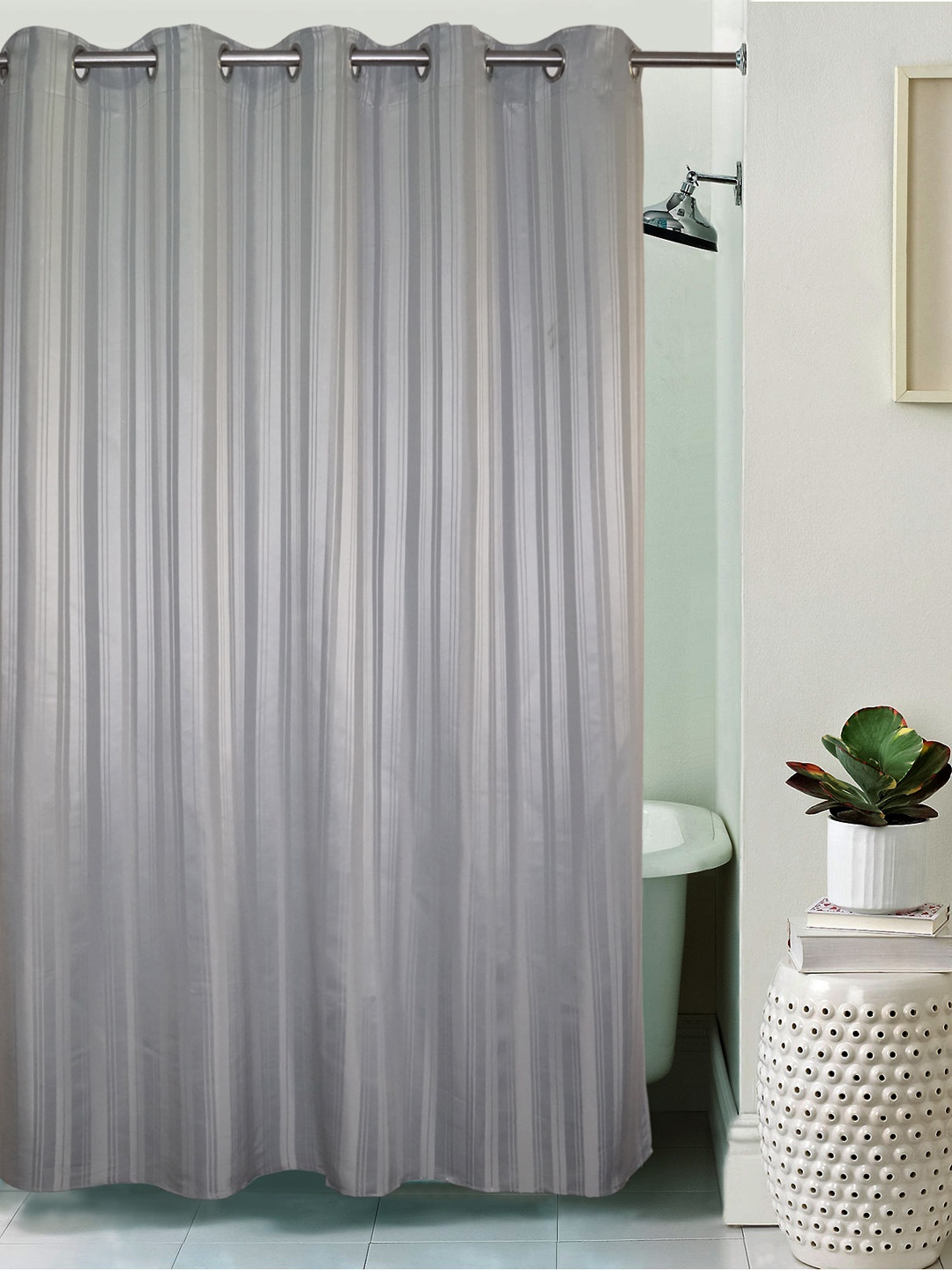 

Lushomes Striped Grey Polyester Shower Curtain