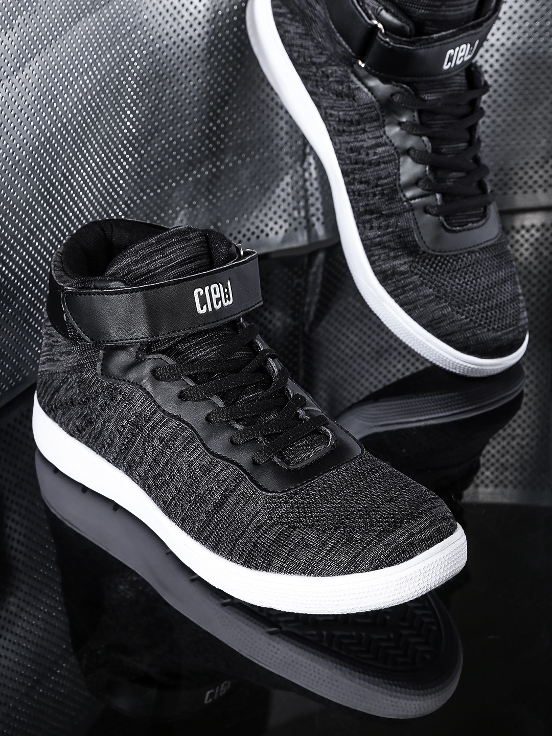 

Crew STREET Men Grey & Black Woven Design Mid-Top Sneakers