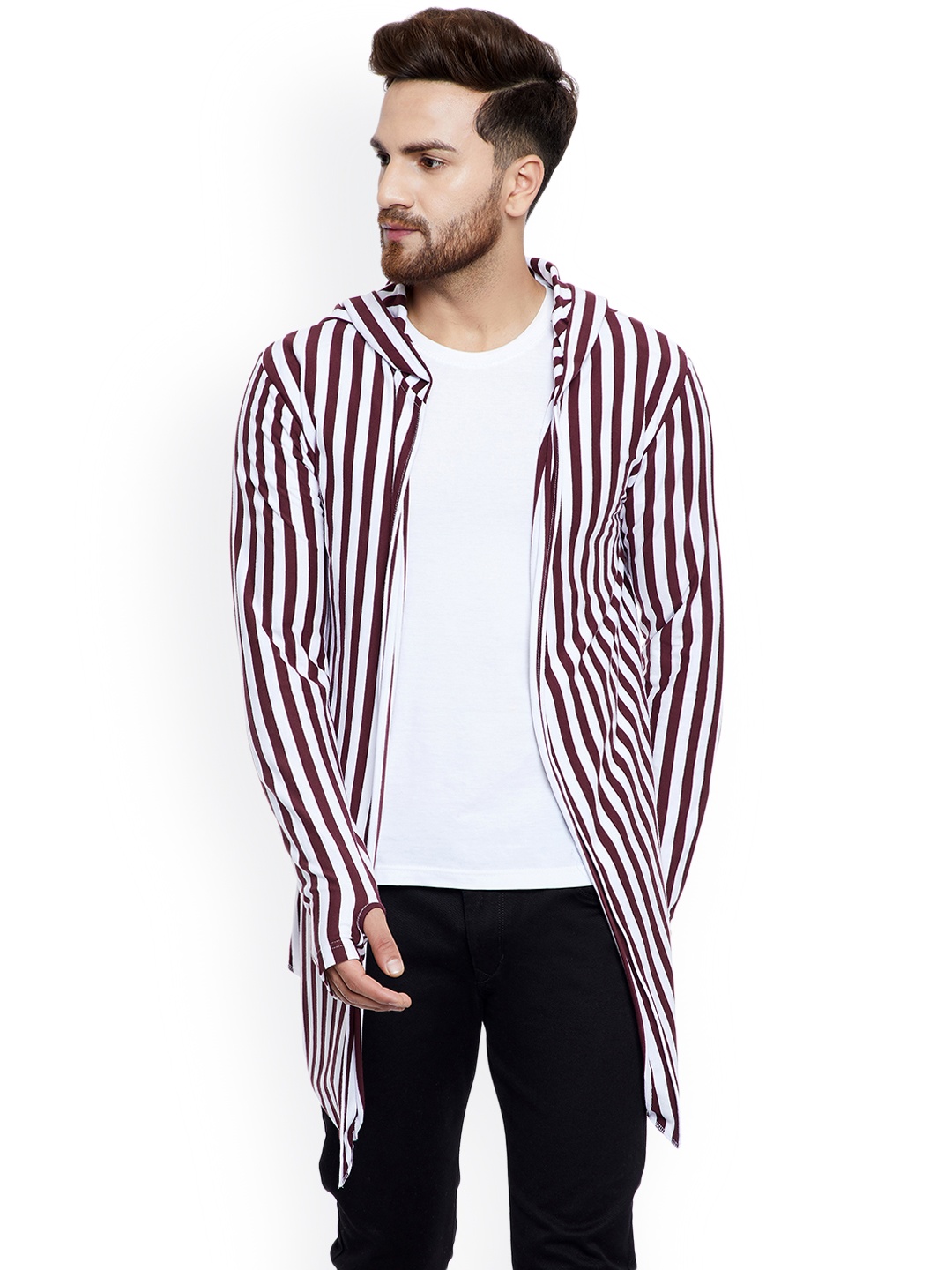 

CHILL WINSTON Men Maroon & White Striped Open Front Hooded Shrug