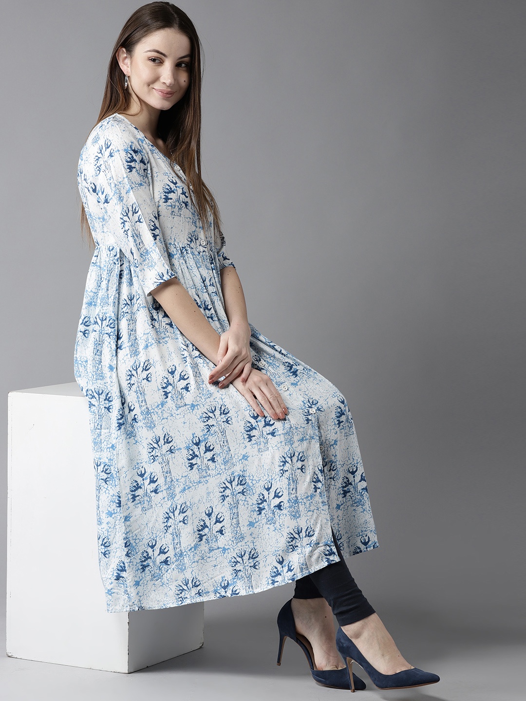 

HERE&NOW Women White & Blue Printed A-Line Kurta