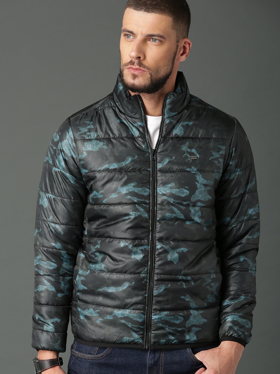

Roadster Men Navy Blue Printed Puffer Jacket