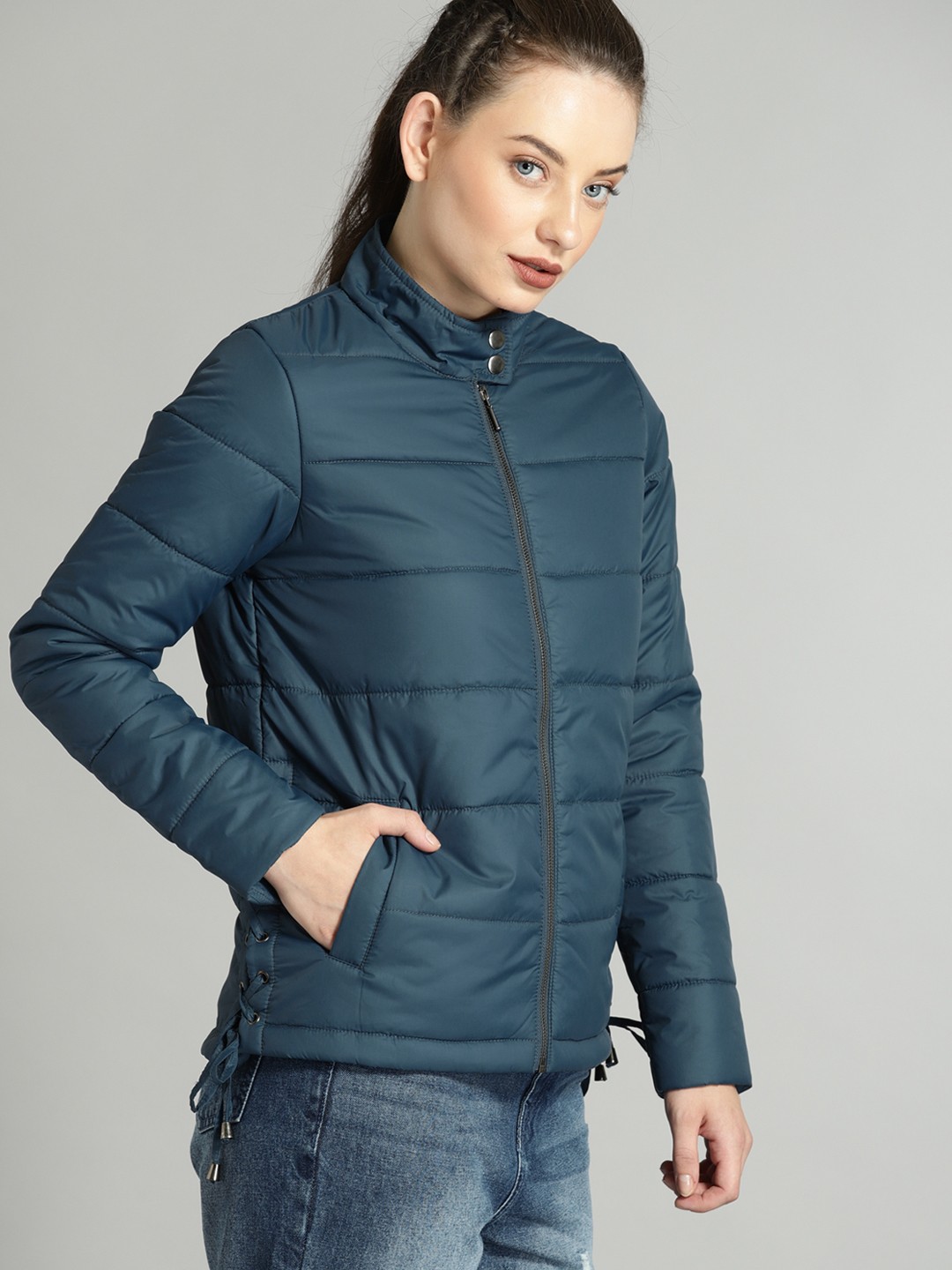 

Roadster Women Teal Solid Padded Jacket