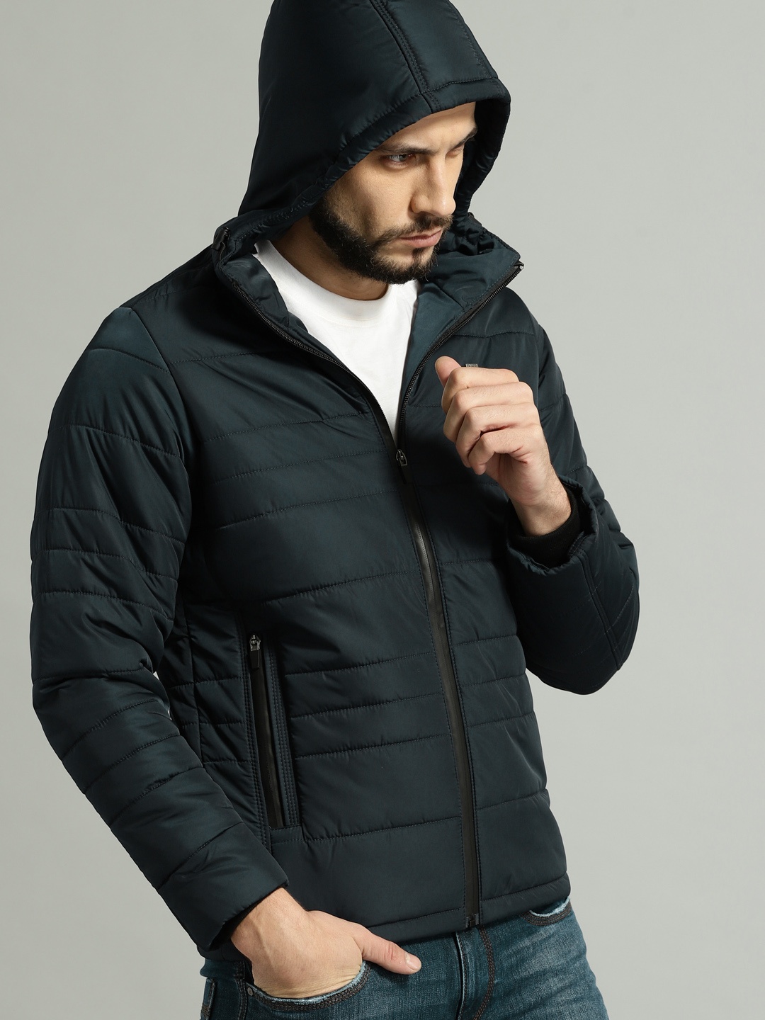 

Roadster Men Navy Blue Solid Padded Jacket