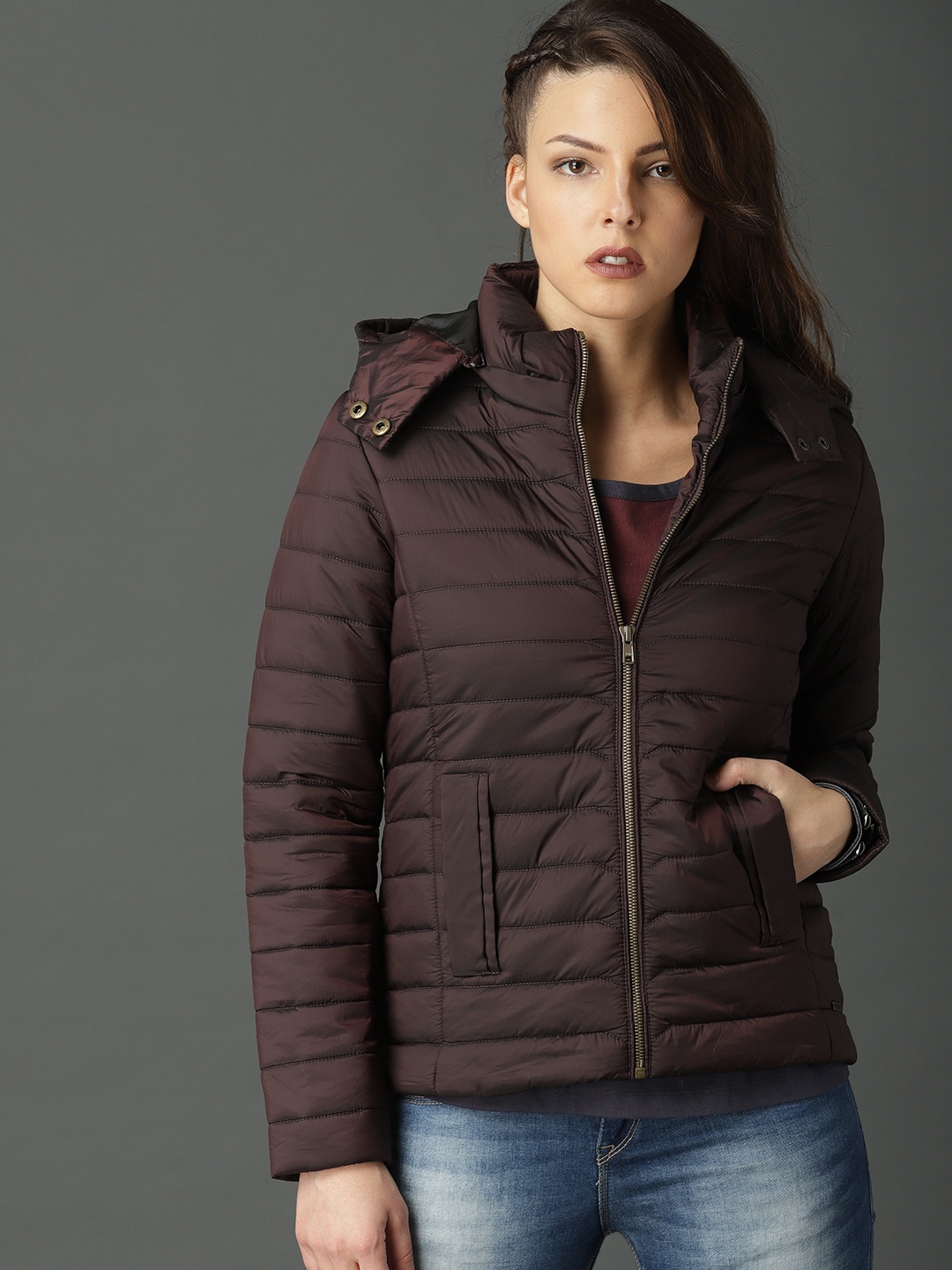 

Roadster Women Burgundy Solid Padded Jacket