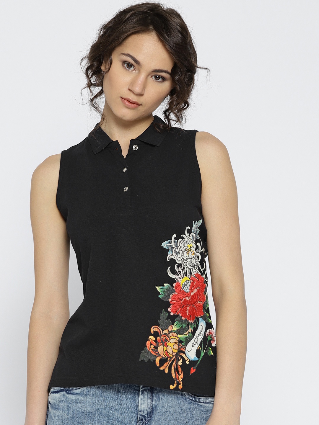 

Ed Hardy Women Black Printed Polo Collar T-shirt
