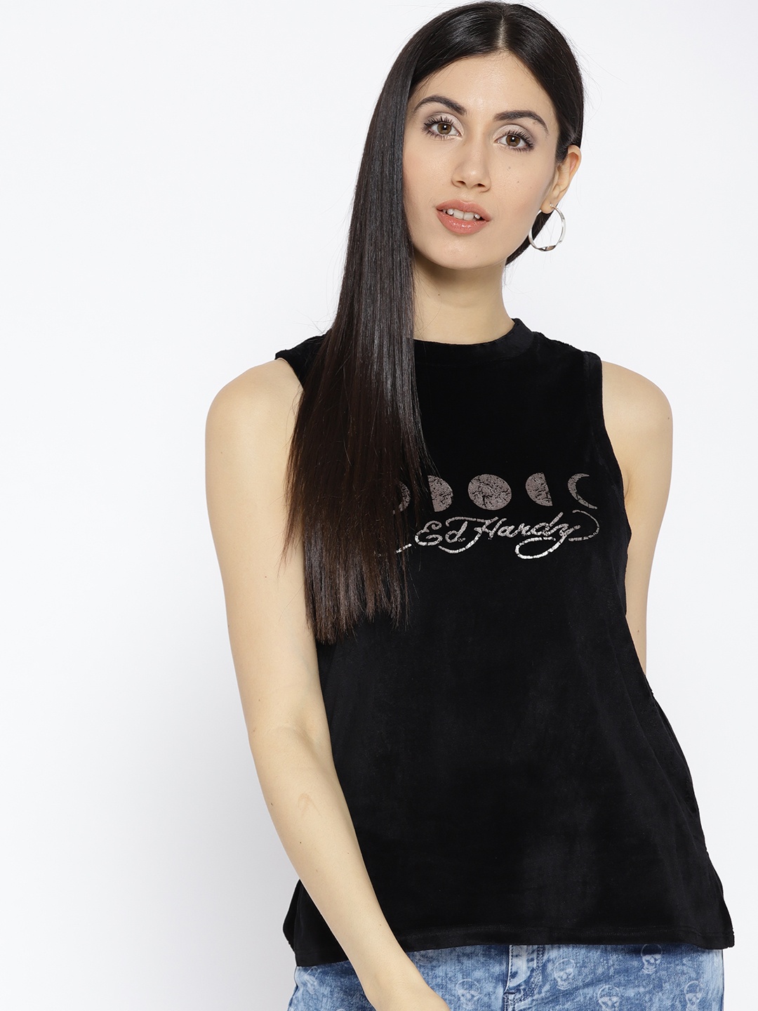 

Ed Hardy Women Black Printed Top With Velvet Finish