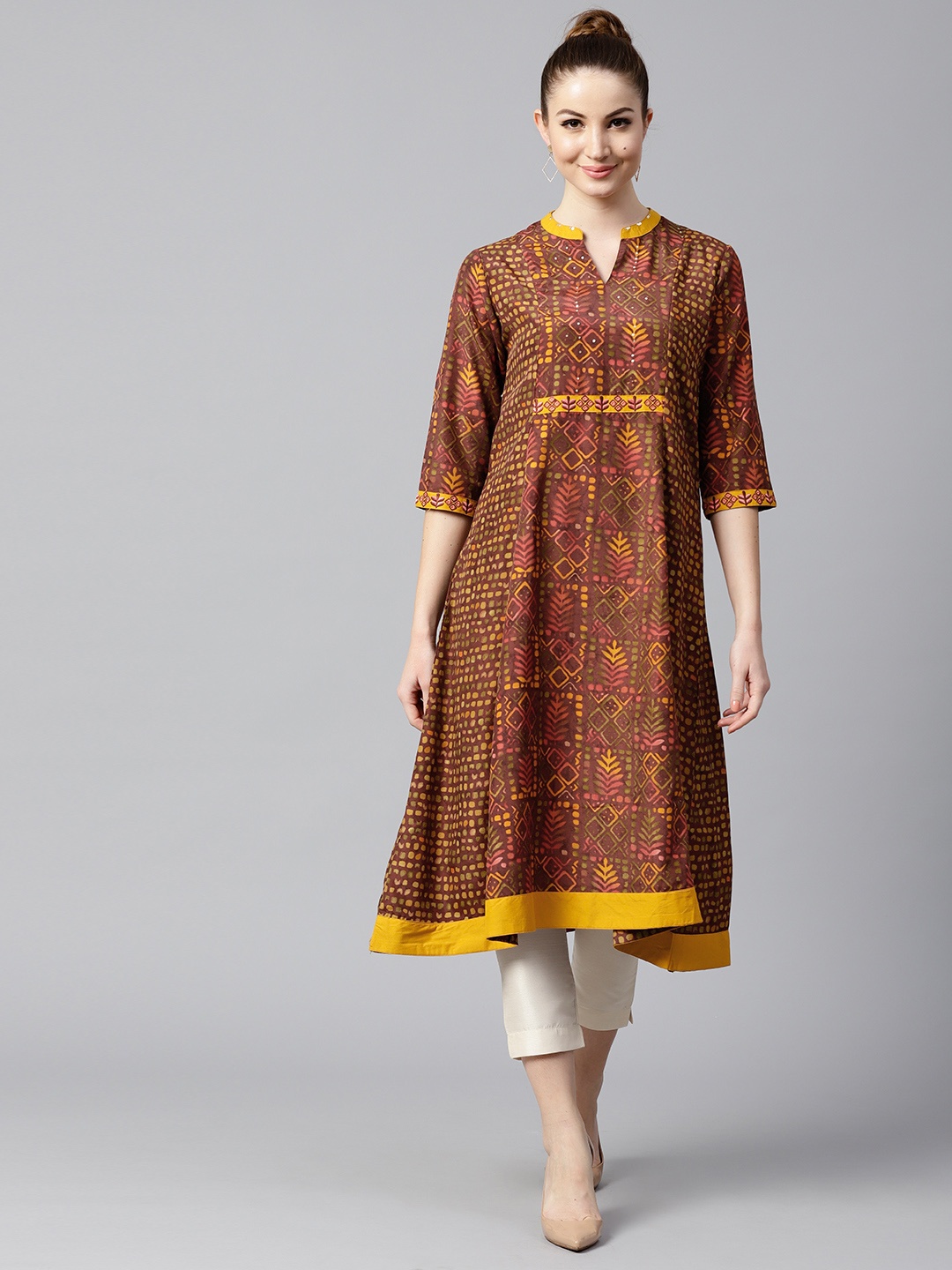 

Shree Women Burgundy & Olive Green Printed A-Line Kurta