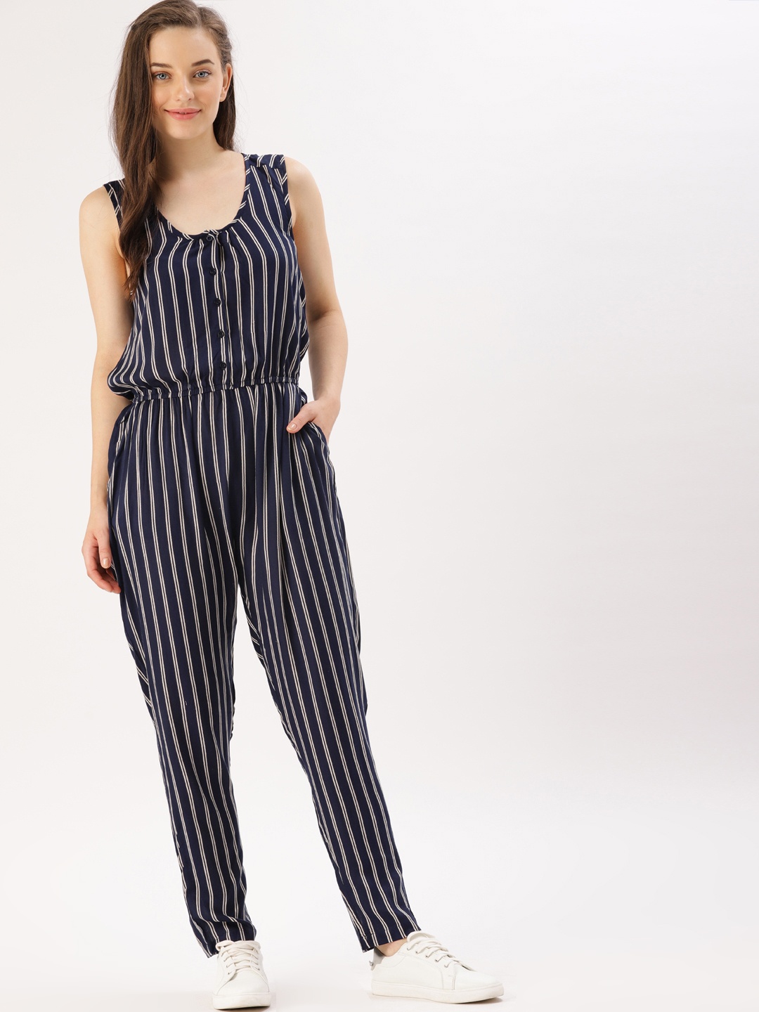 

DressBerry Navy Blue & Off-White Striped Basic Jumpsuit