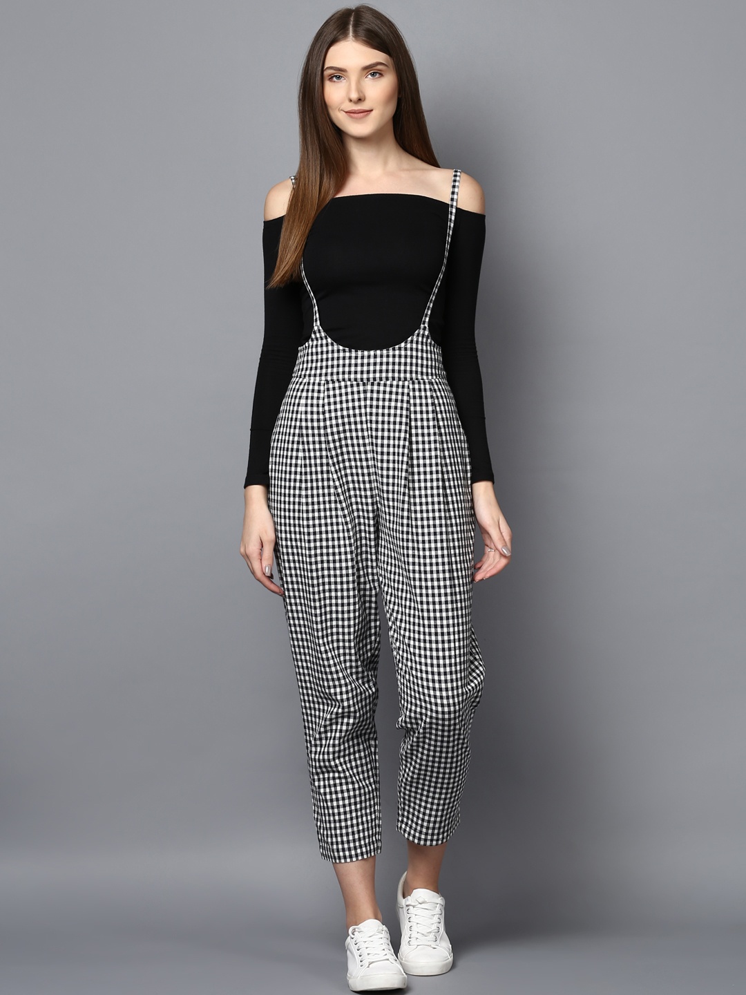 

STREET 9 Women White & Black Relaxed Slim Fit Checked Cigarette Trousers