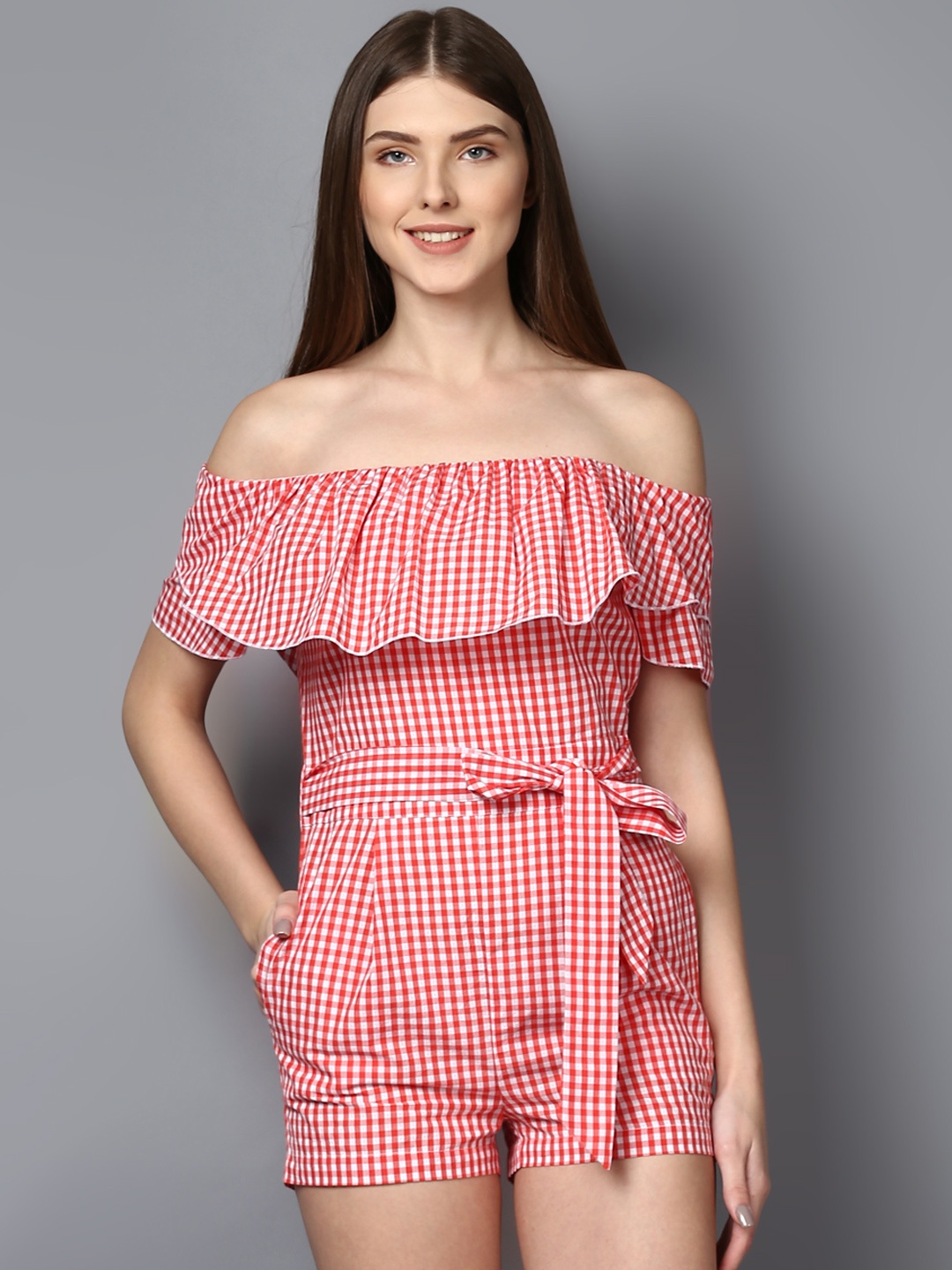 

STREET 9 Women White & Red Checked Playsuit