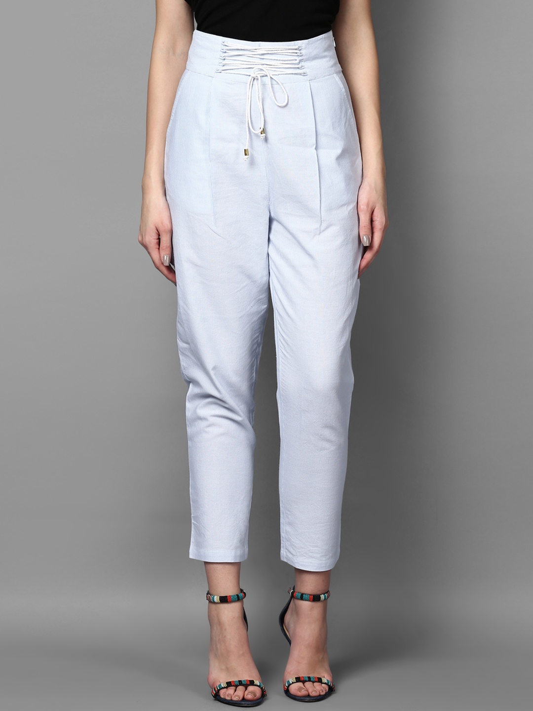 

STREET 9 Women White & Blue Relaxed Slim Fit Striped Cigarette Trousers
