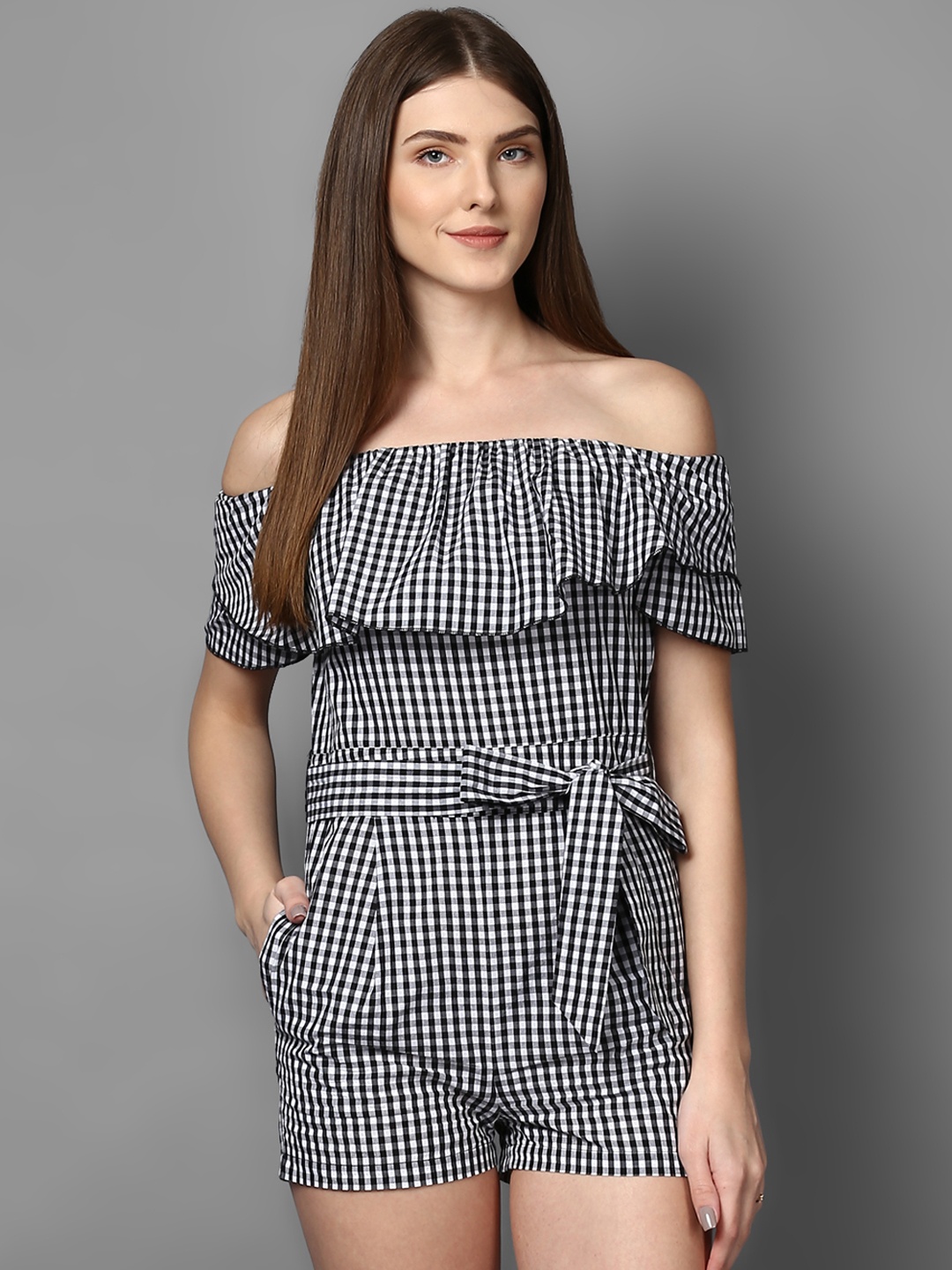 

STREET 9 Women White & Black Checked Playsuit
