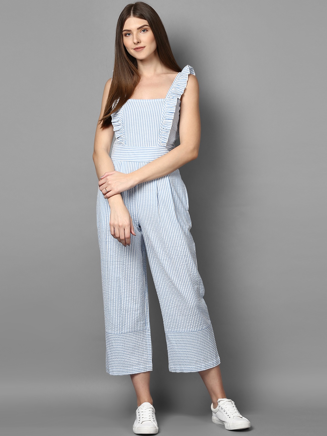 

STREET 9 Women White & Blue Striped Culotte Jumpsuit