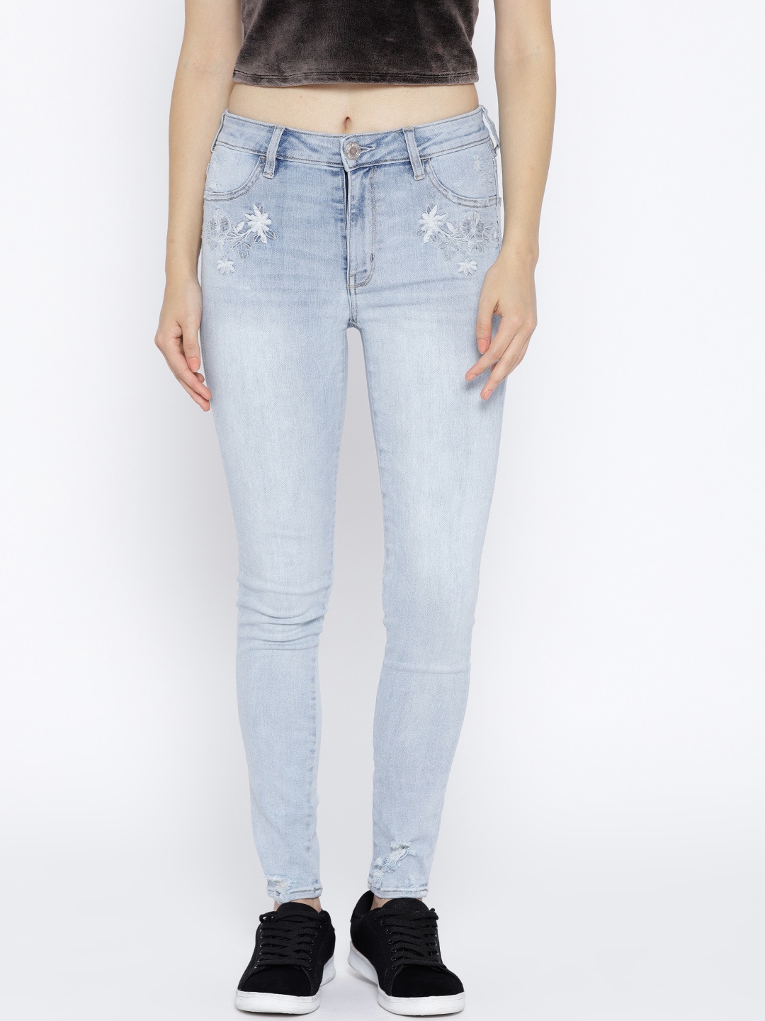 

AMERICAN EAGLE OUTFITTERS Women Blue Regular Fit Mid-Rise Low Distress Stretchable Jeans