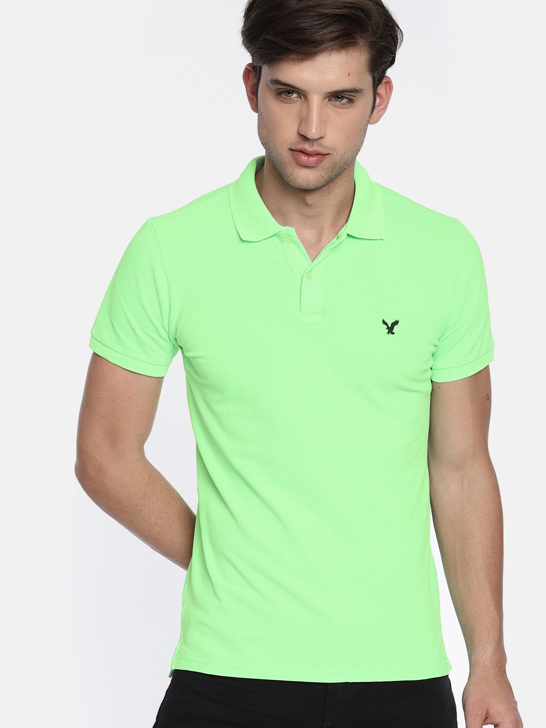 

AMERICAN EAGLE OUTFITTERS Men Green Solid Polo Collar Pure Cotton T-shirt