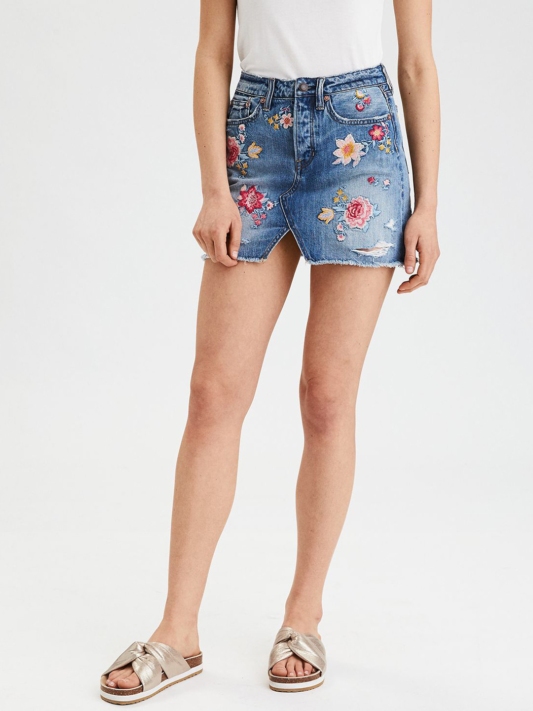 

AMERICAN EAGLE OUTFITTERS Blue Washed Embroidered Denim Mini Pure Cotton Skirt