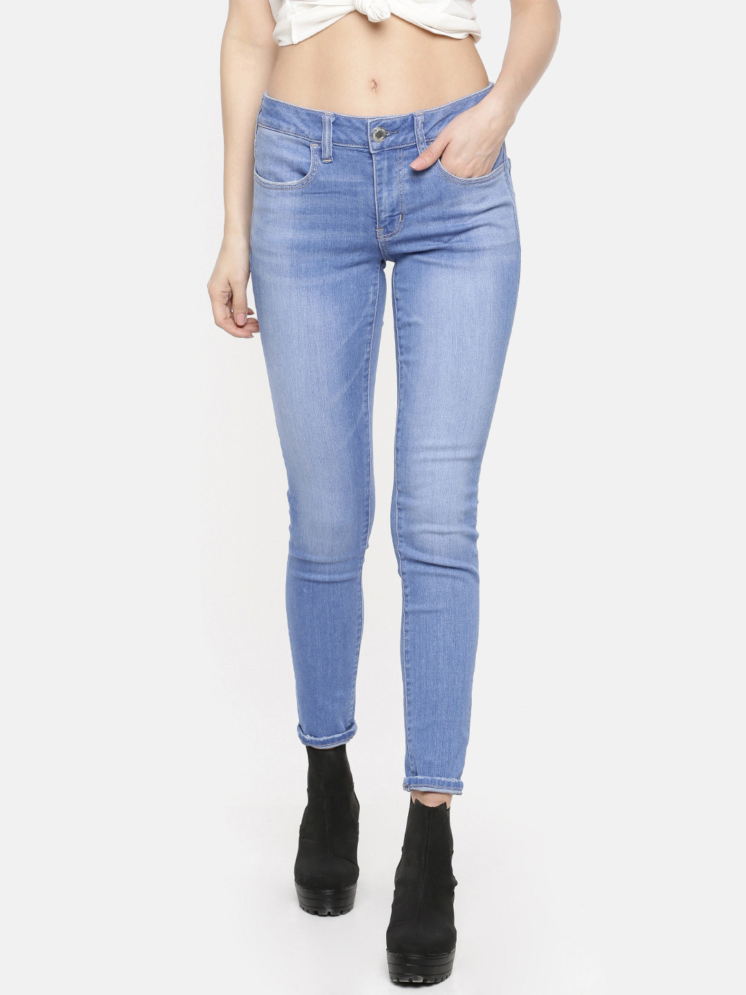 

AMERICAN EAGLE OUTFITTERS Women Blue Jeggings Fit Low-Rise Clean Look Stretchable Jeans