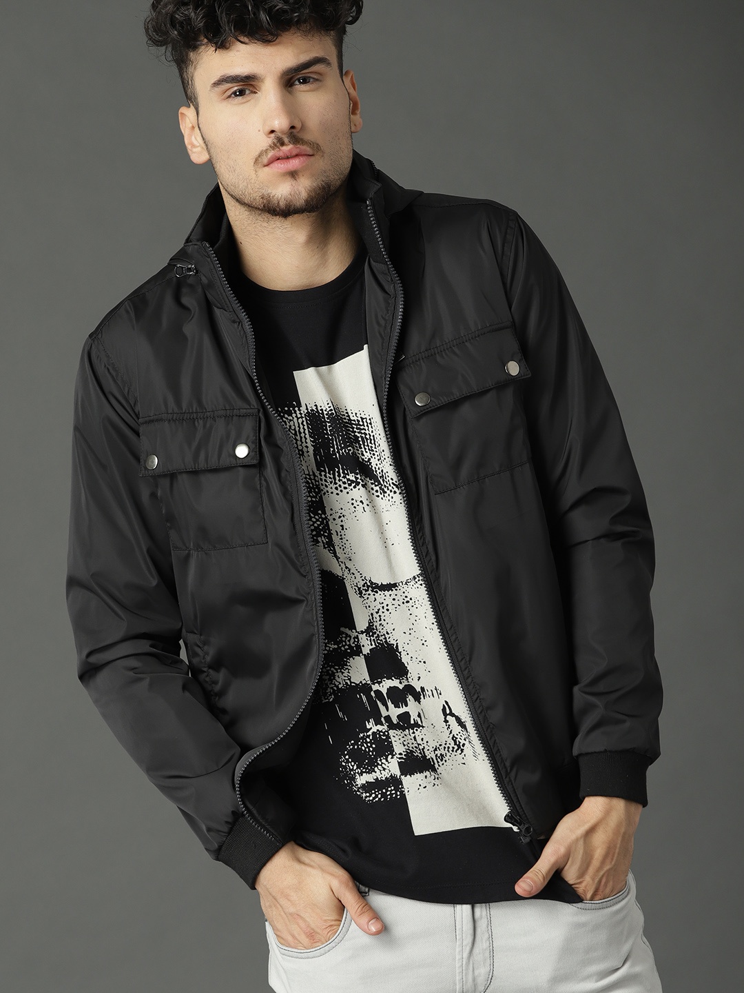 

Roadster Men Black Solid Bomber Jacket