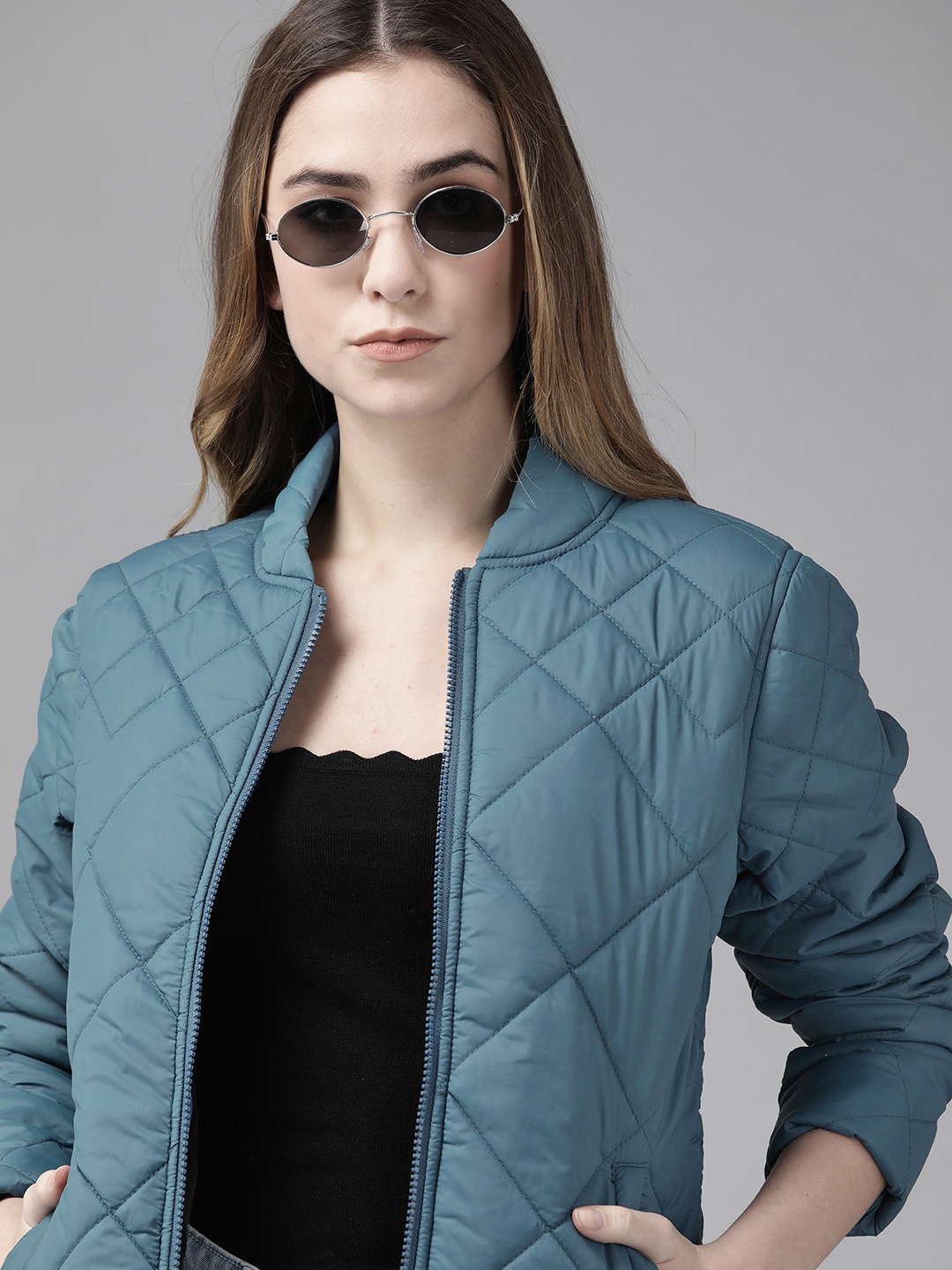 

Roadster Women Teal Blue Solid Quilted Jacket