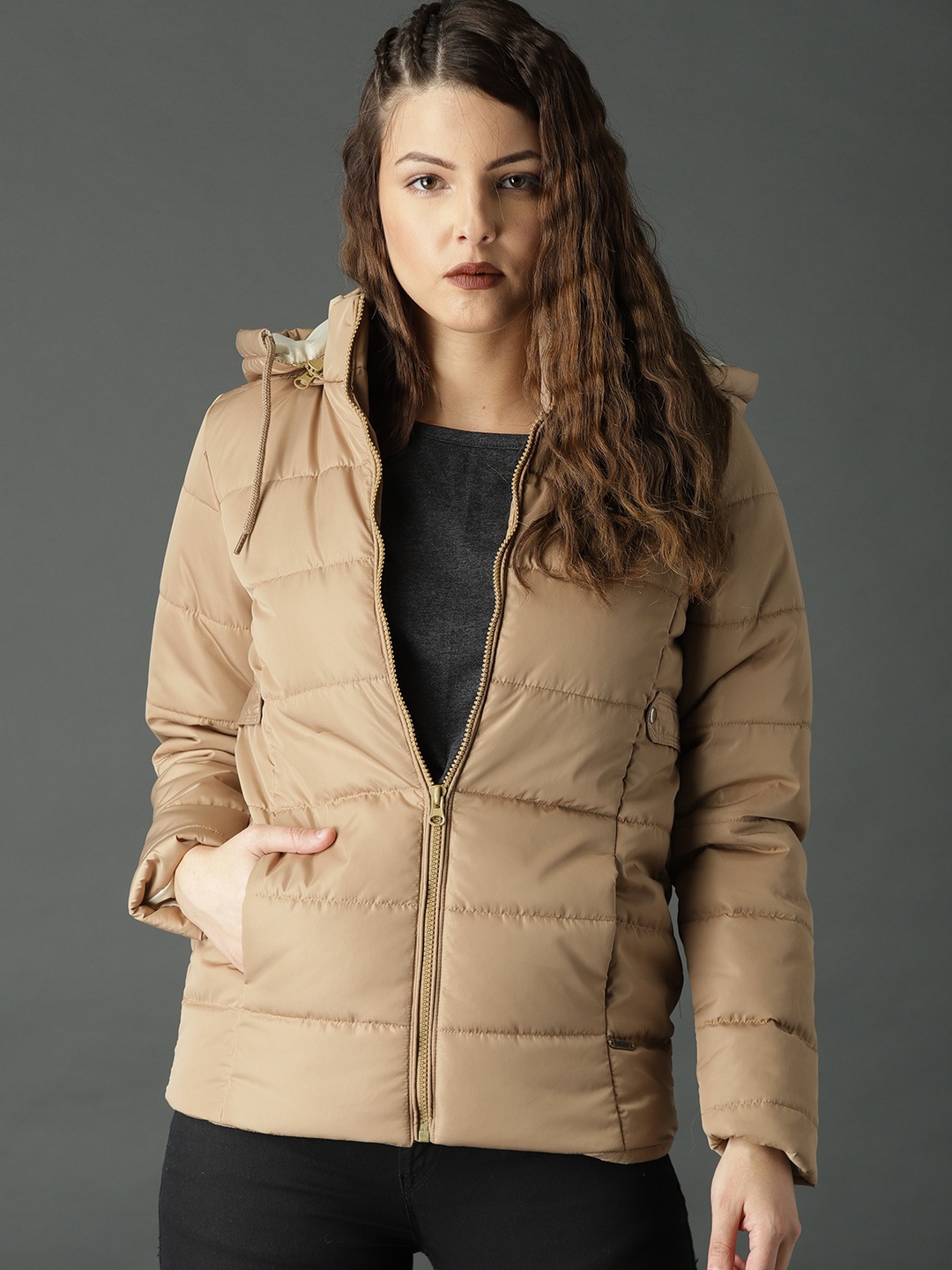 

Roadster Women Beige Solid Padded Jacket
