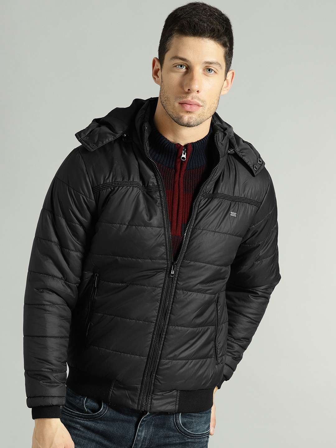 

Roadster Men Black Solid Padded Jacket