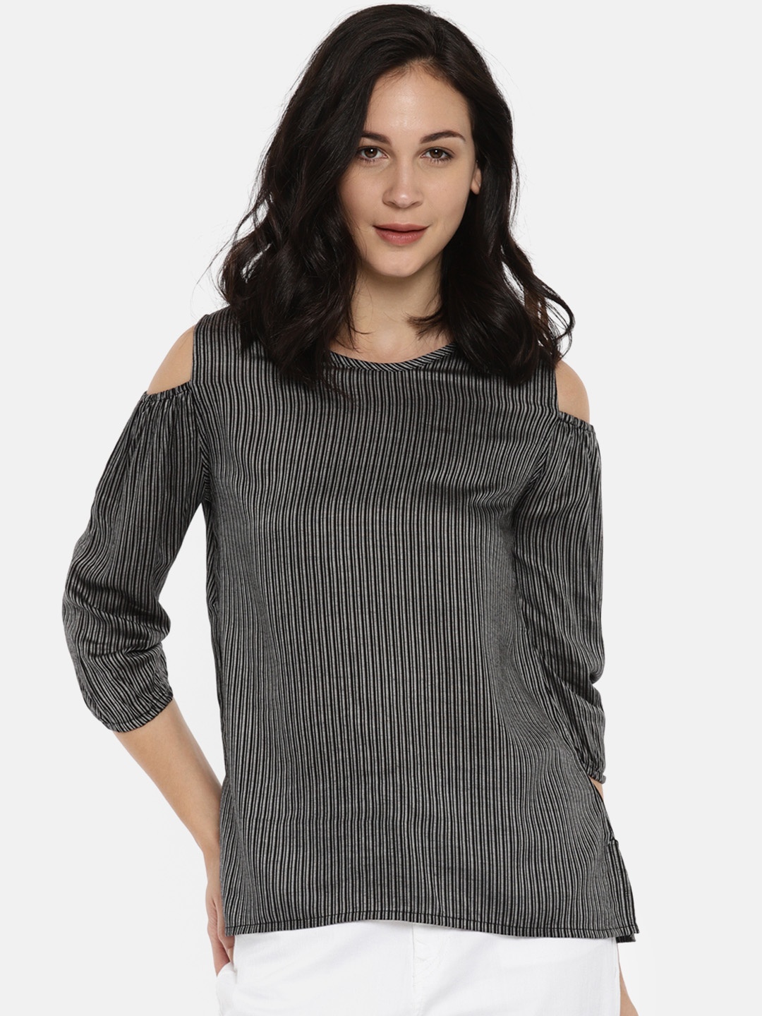 

Fame Forever by Lifestyle Women Grey & Black Striped Top