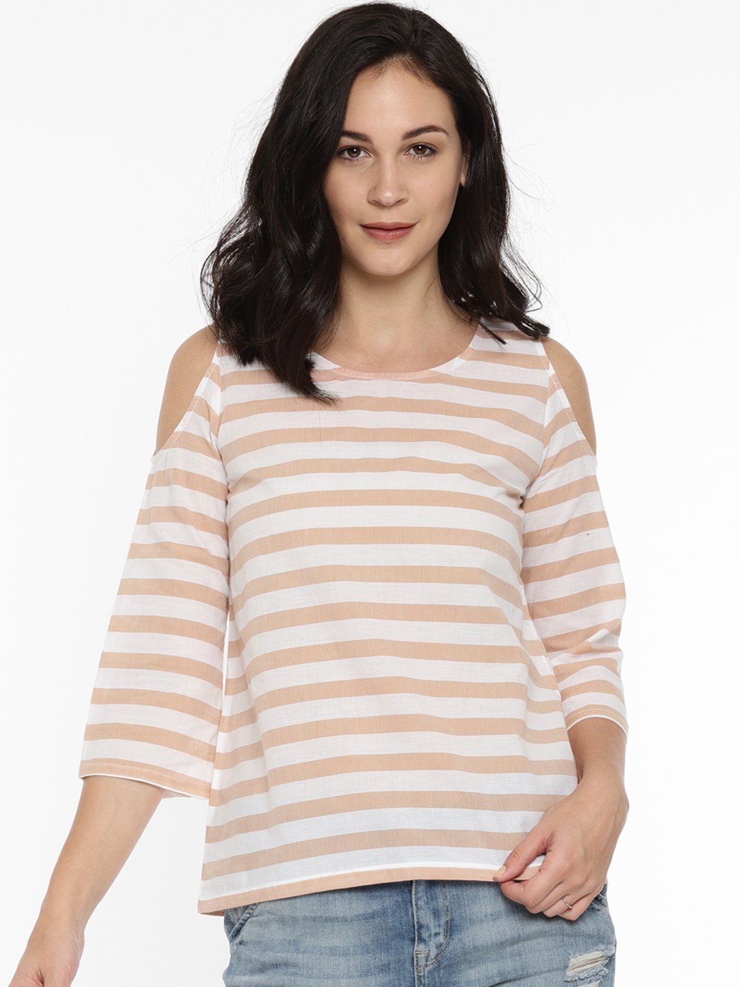 

Fame Forever by Lifestyle Women Beige & White Striped Pure Cotton Top