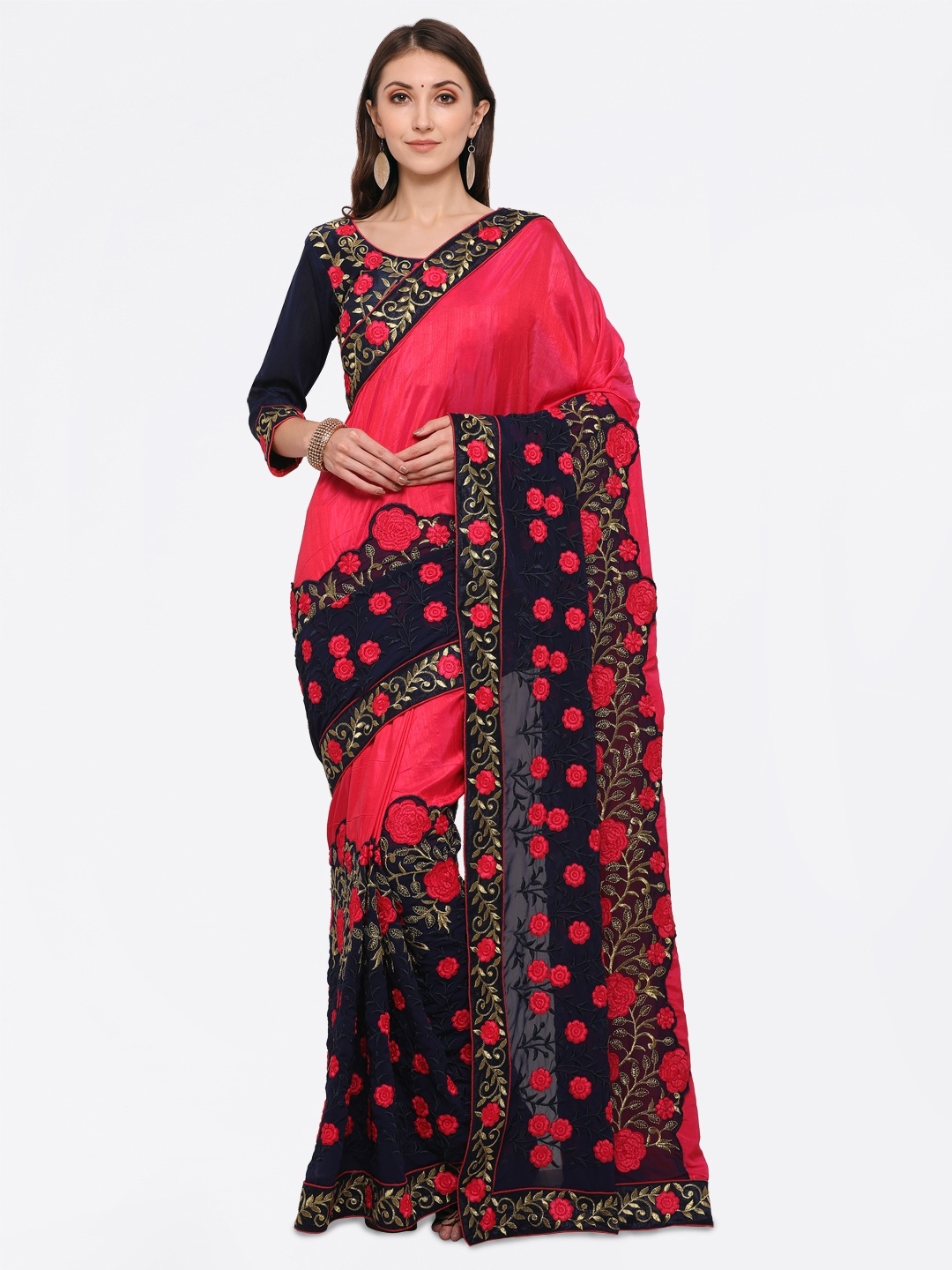 

Online Fayda Pink & Navy Blue Art Silk Embroidered Saree