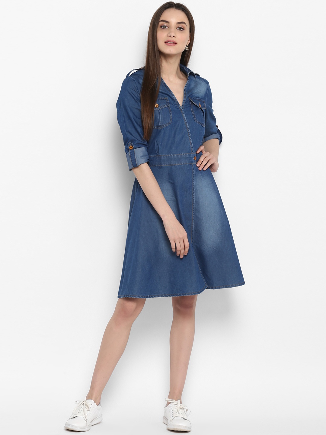 

StyleStone Women Blue Solid Denim Shirt Dress