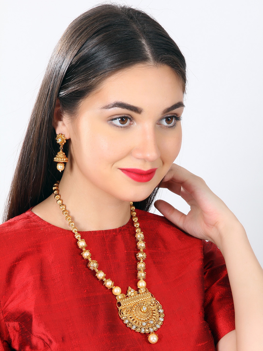 

Rubans Handcrafted Gold Plated Stone-Studded Beaded Jewellery Set
