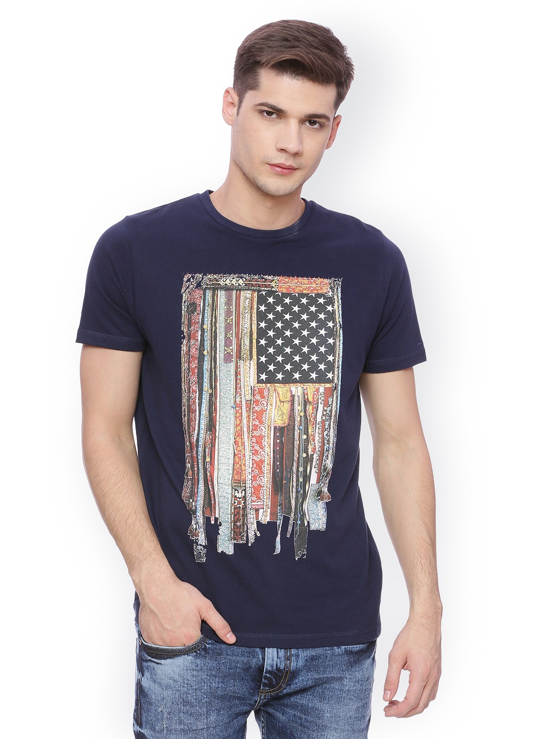 

Basics Men Navy Blue Printed Round Neck T-shirt