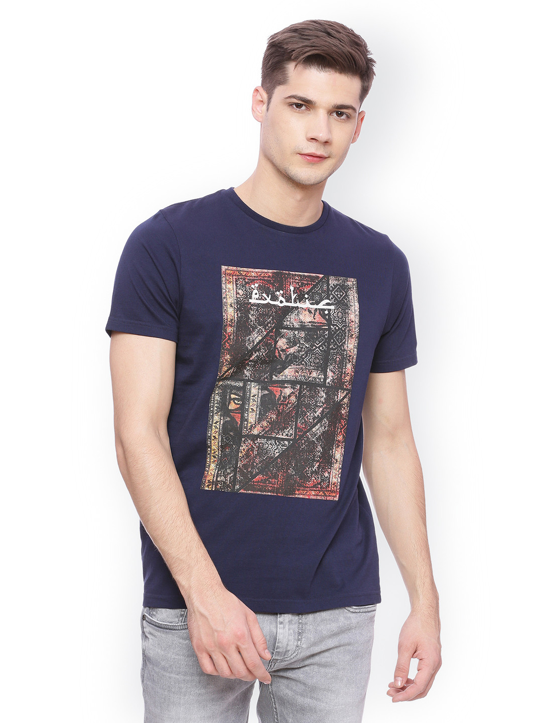 

Basics Men Navy Blue Printed Round Neck T-shirt