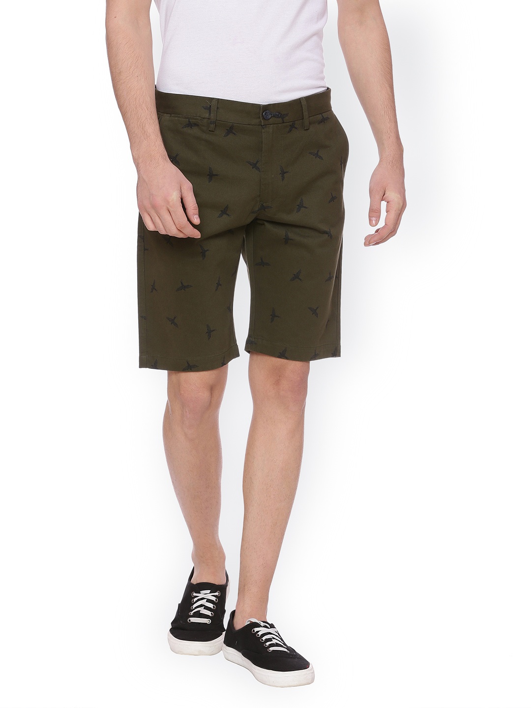 Basics Men Olive Green Printed Regular Fit Regular Shorts