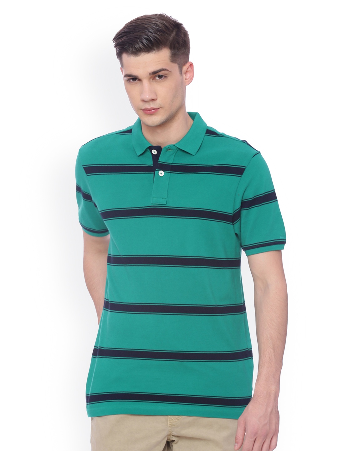 

Basics Men Green Striped Polo Collar T-shirt