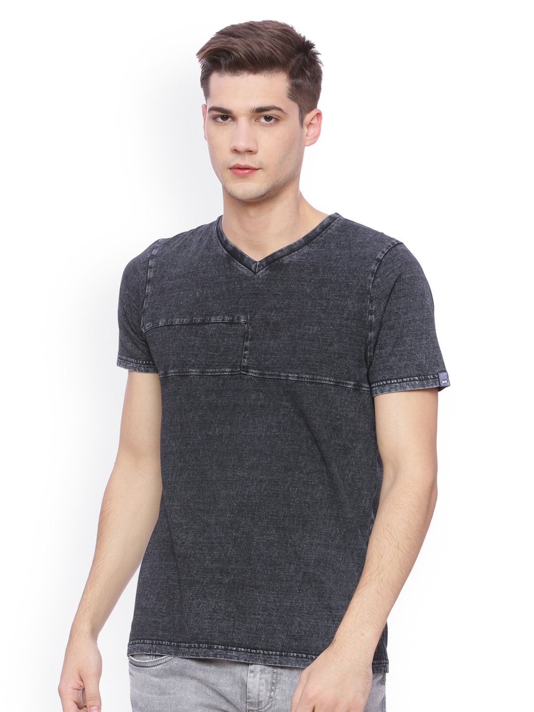 

Basics Men Charcoal Solid V-Neck T-shirt