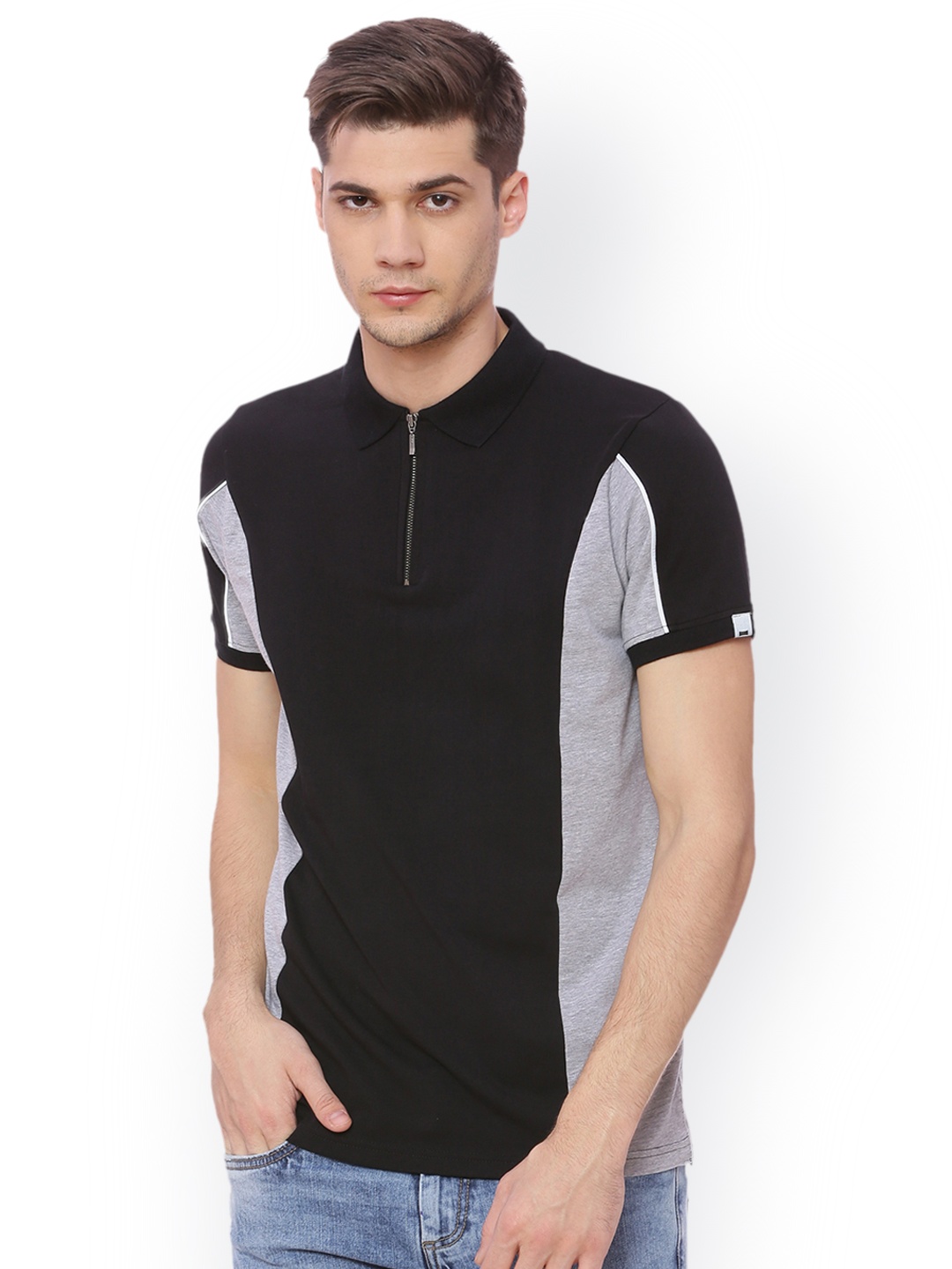 

Basics Men Black Colourblocked Polo Collar T-shirt