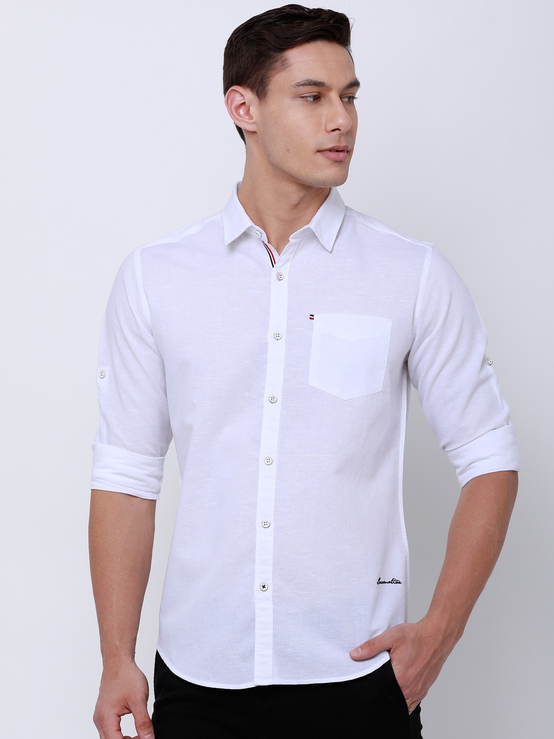 

LOCOMOTIVE Men White Slim Fit Solid Cotton Linen Shirt