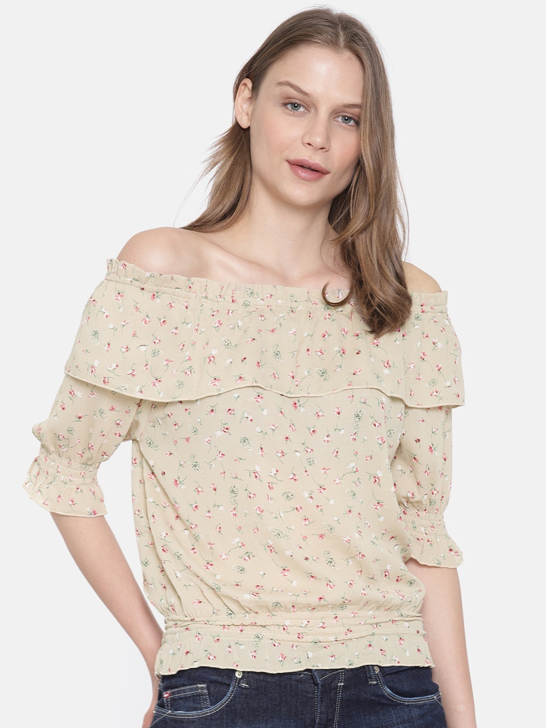 

Lee Cooper Women Camel Brown Printed Bardot Top