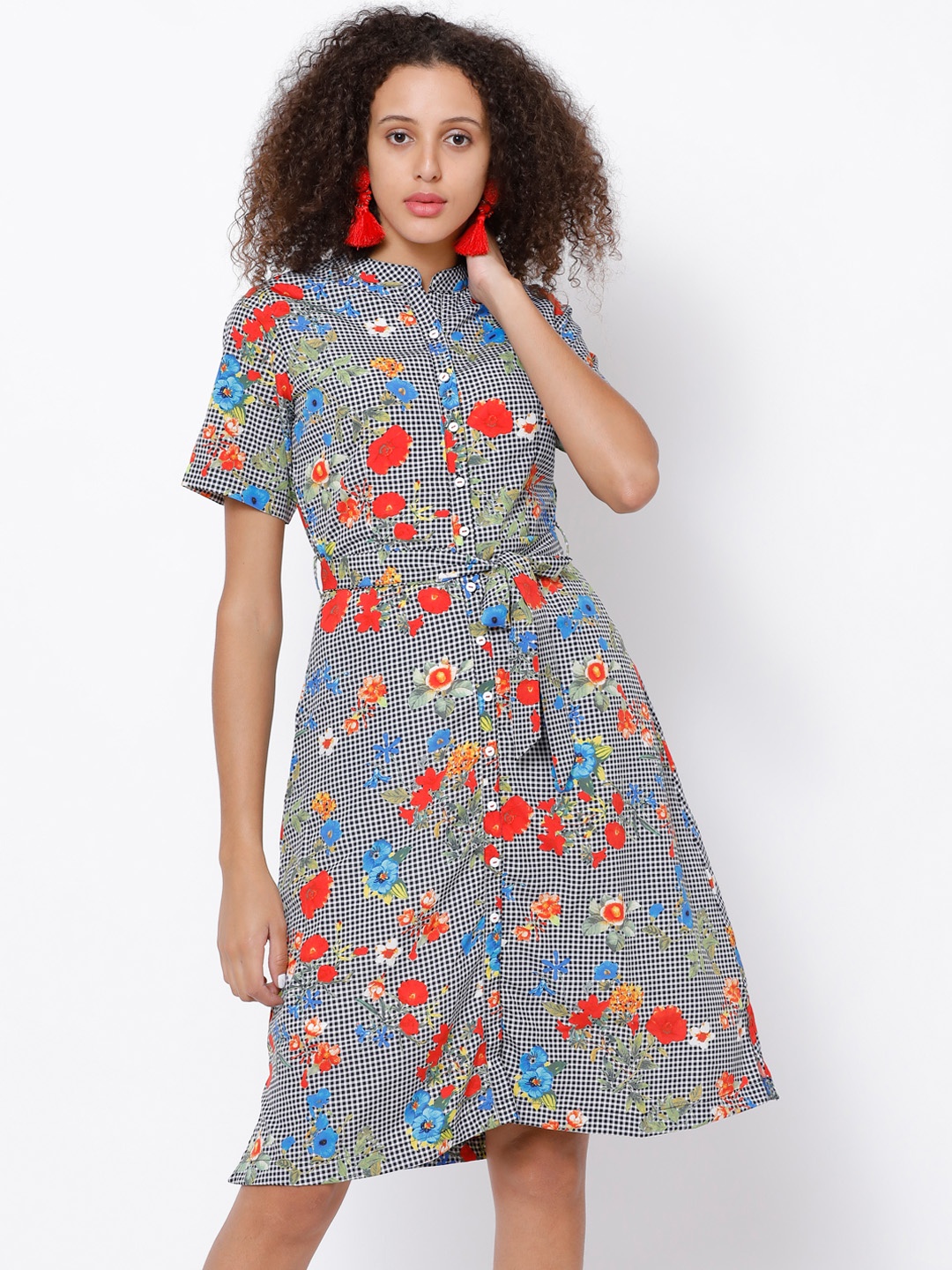 

Tokyo Talkies Women Black Printed Shirt Dress