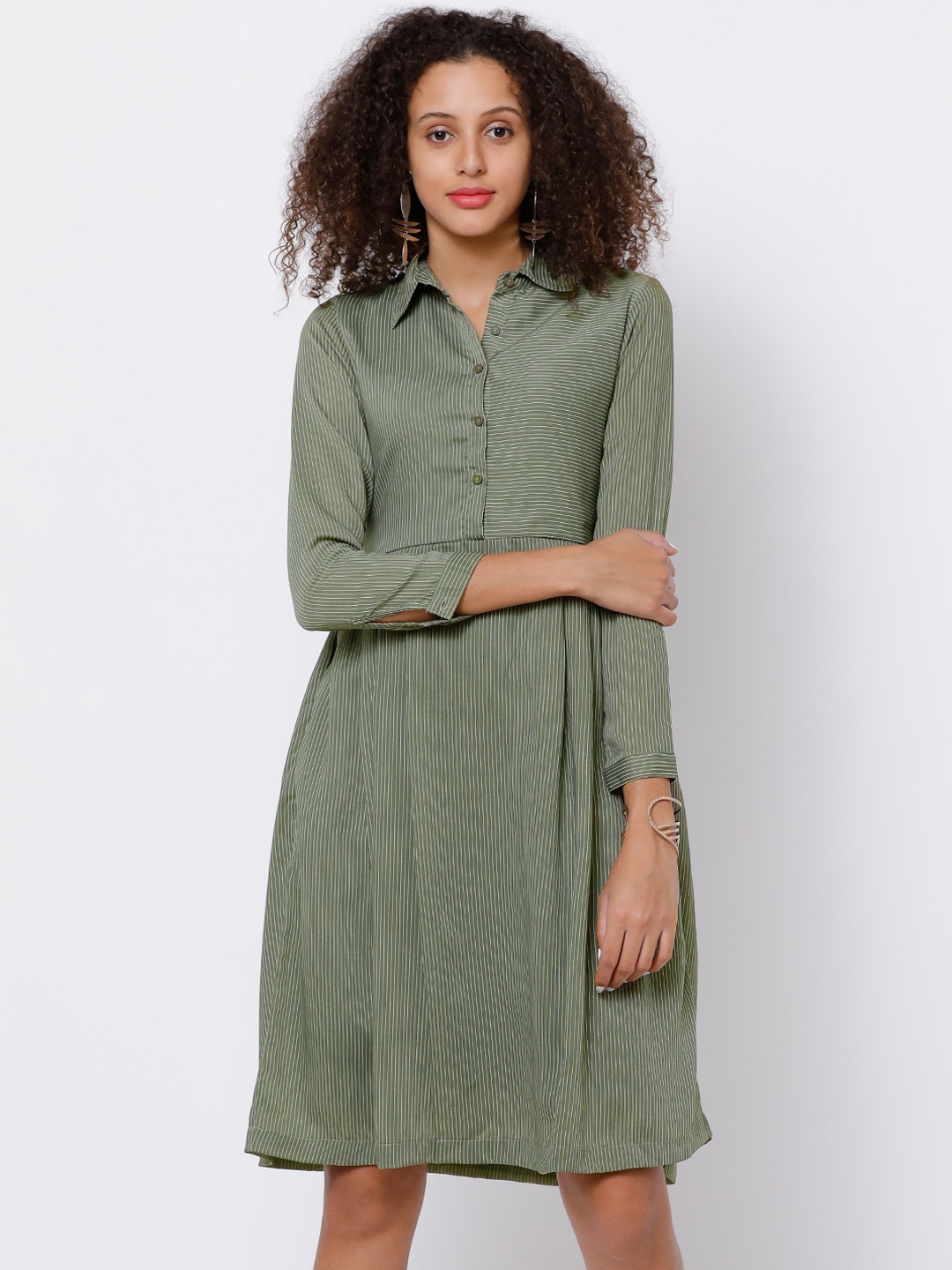 

Basics By Tokyo Talkies Women Olive Green Striped Empire Dress